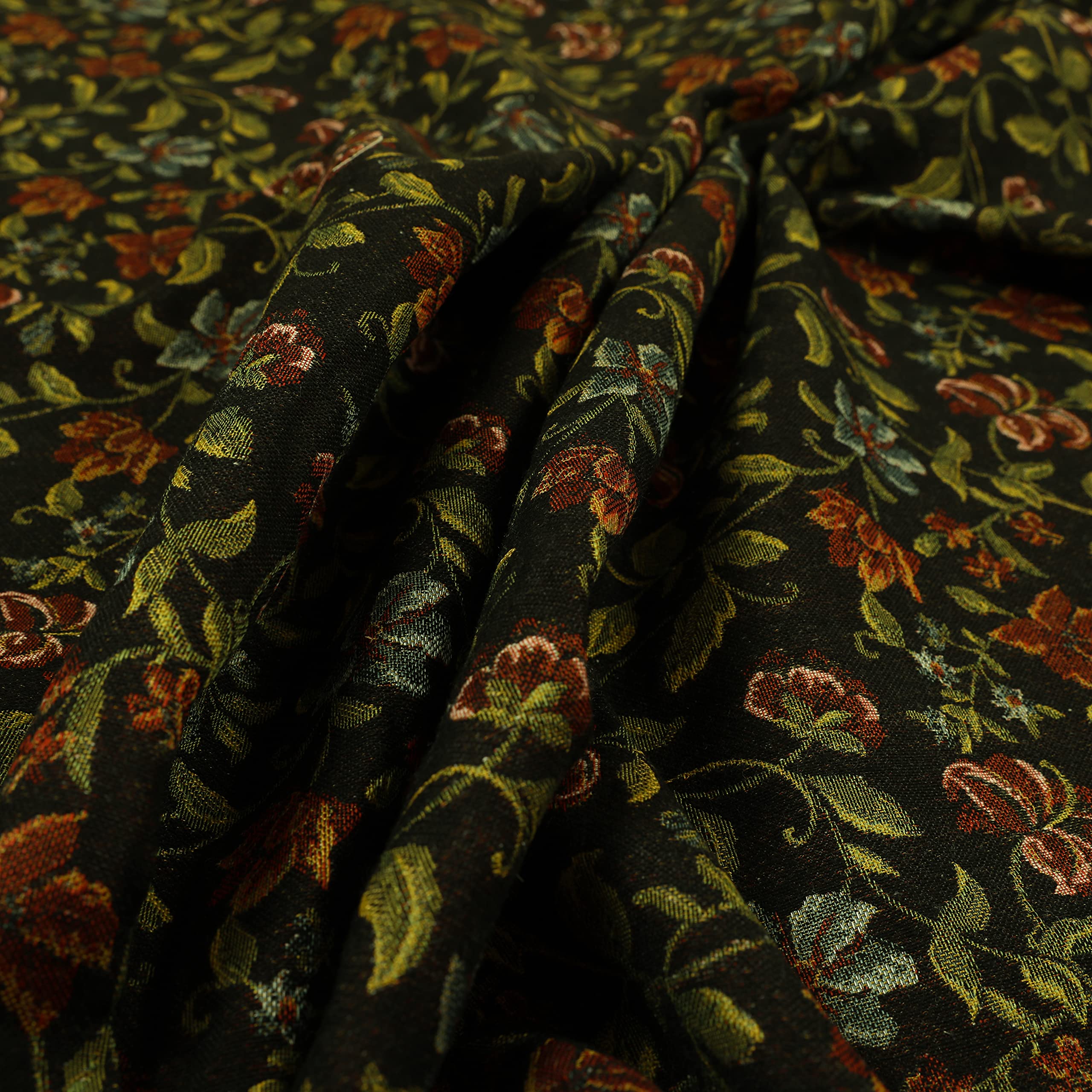 Redbrick Mill Fabrics Flame Retardant Red Green Blue Floral All Over Pattern Black Chenille Jacquard Upholstery Fabric (Per Metre)