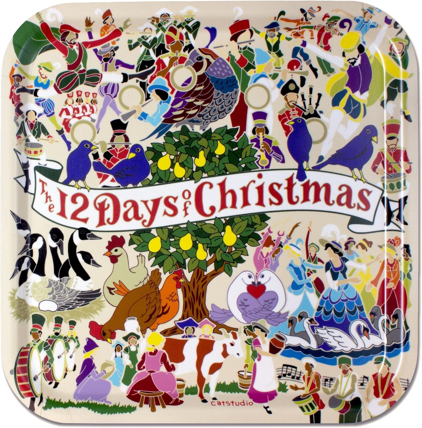 Catstudio Serving Tray, 12 Days of Christmas Birchwood Serving Tray, Decorative Trays for Ottoman, 12.5" by 12.5" Dishwasher Safe Christmas