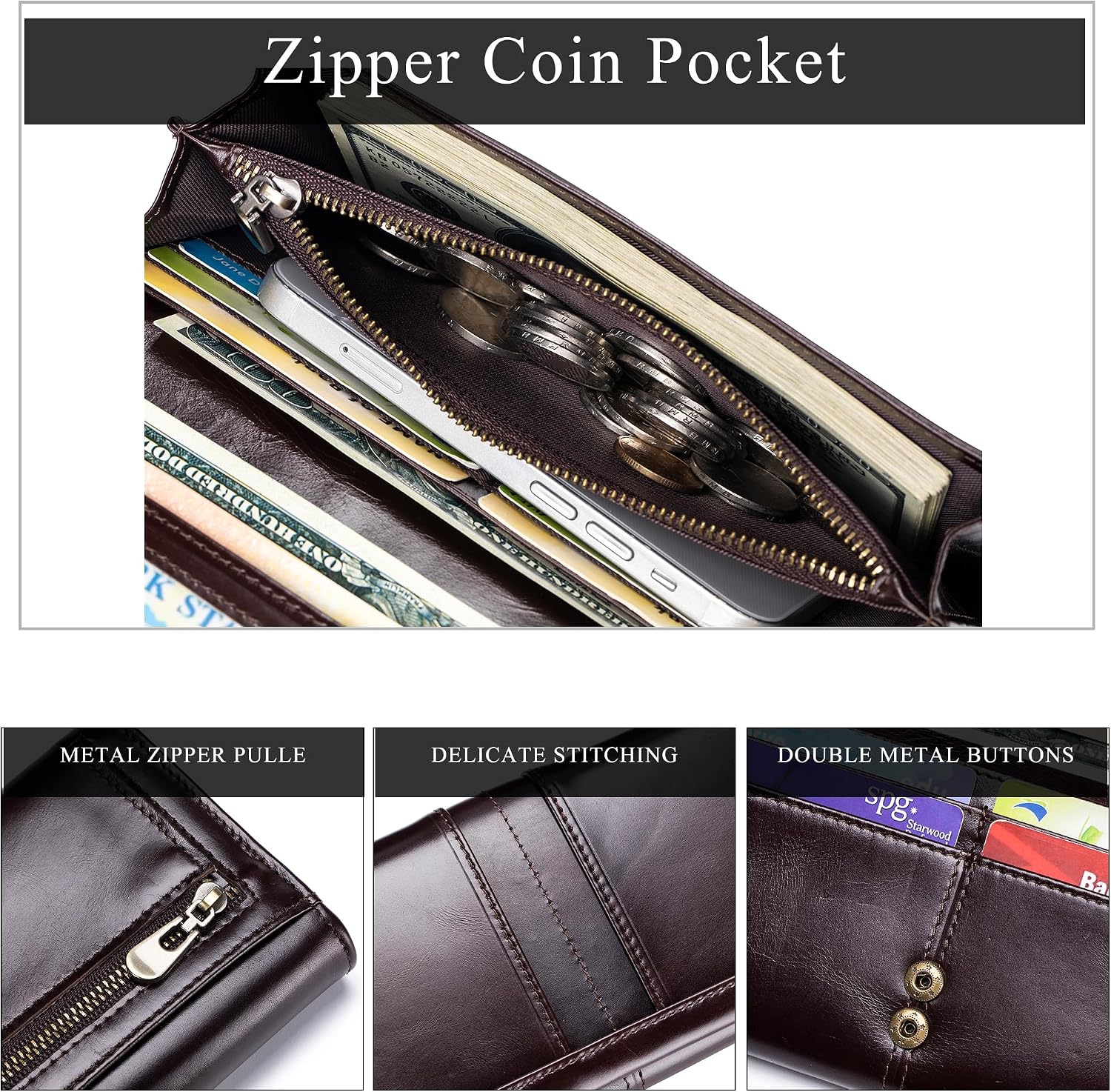 LUKZIJAES Wallets for Women Slim Long RFID Blocking Ladies Genuine Leather Bifold Wallet Womens with ID Window Coin Pocket (#1-Coffee)