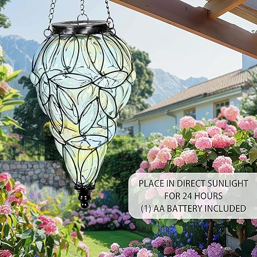 Miniatura 6 de Farol solar colgante para exteriores, luces de jardín para exteriores, linterna colgante de vidrio y metal en forma de lágrima, 15 luces LED de