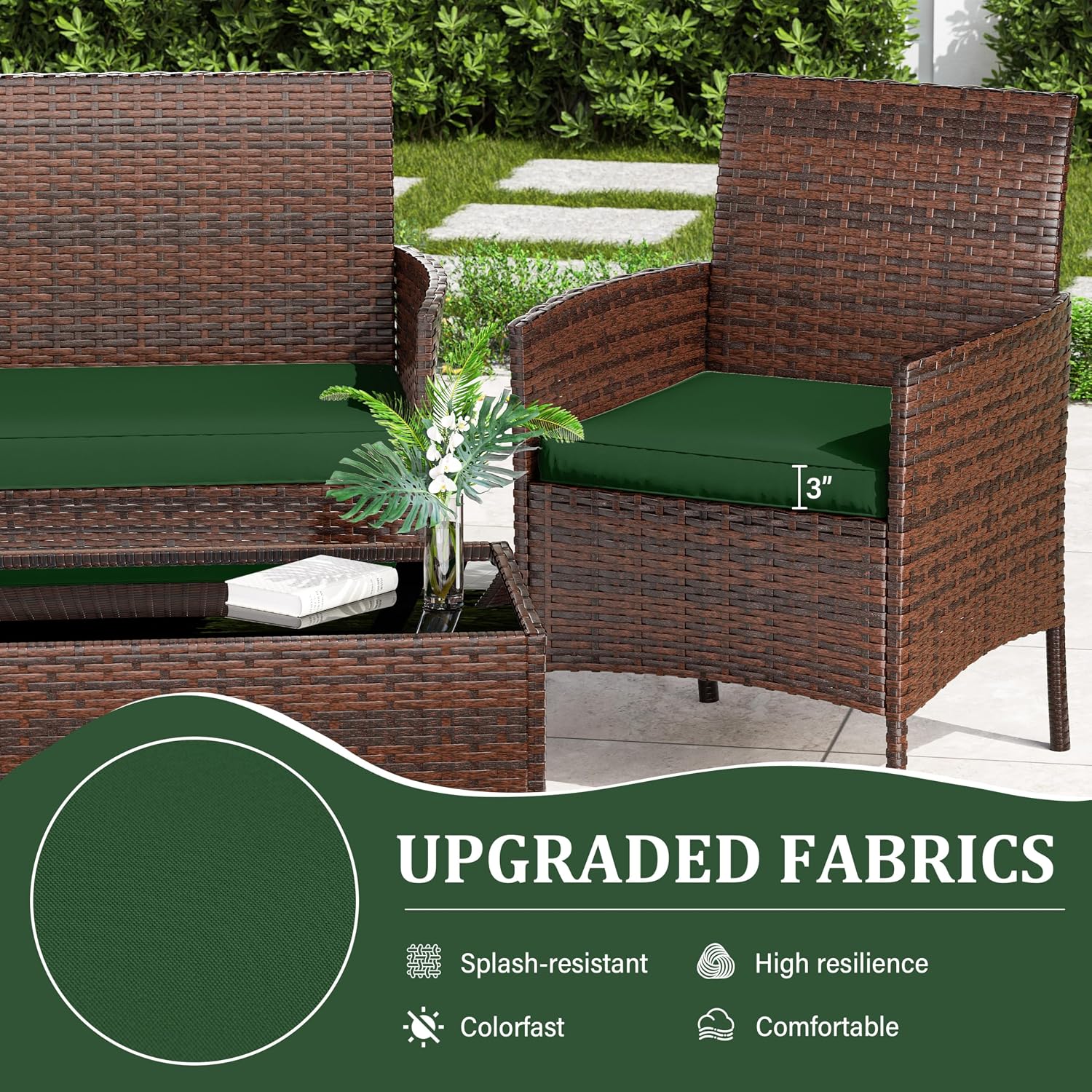 3 Pack Outdoor Replacement Cushions, Fit for 4-Seater Wicker Rattan Patio Conversation Set, 36x18x3,18x18x3, Liner & Cover