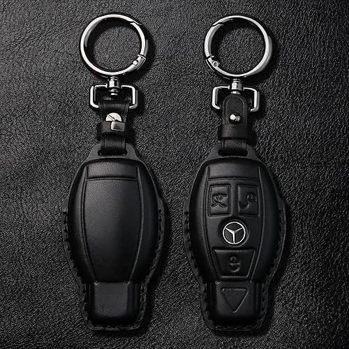 Miniatura 2 de Tukellen Funda para llavero Mercedes Benz de piel auténtica con llavero, protector de cuero compatible con C E M S CLS CLK GLK GLC G AMG Series
