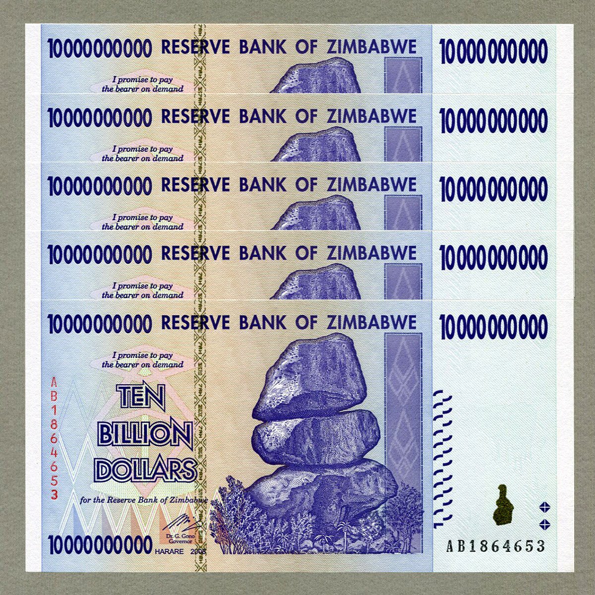 Zimbabwe 10 Billion Dollars x 5 pcs 2008 P85 Consecutive UNC Currency Bills