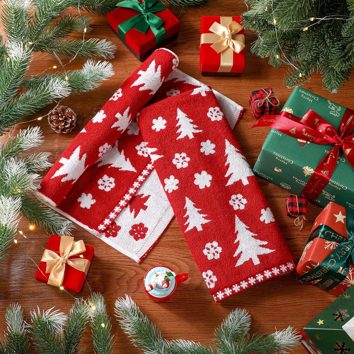 Peryiter 2 Pcs Christmas Hand Towels Red Christmas Tree Towels for Bathroom 100% Cotton Highly Absorbent Soft Decorative Kitchen Washcloths for Holiday Xmas Gift Bath Home Decor, 29 x 13 Inch - Image 3
