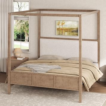 Farmhouse King Size Canopy Bed with Upholstered Headboard and Slats Support, Wooden Four Poster Bed with Wood Legs for Kids Teens Adults, No Box Spring Needed, Natural Walnut