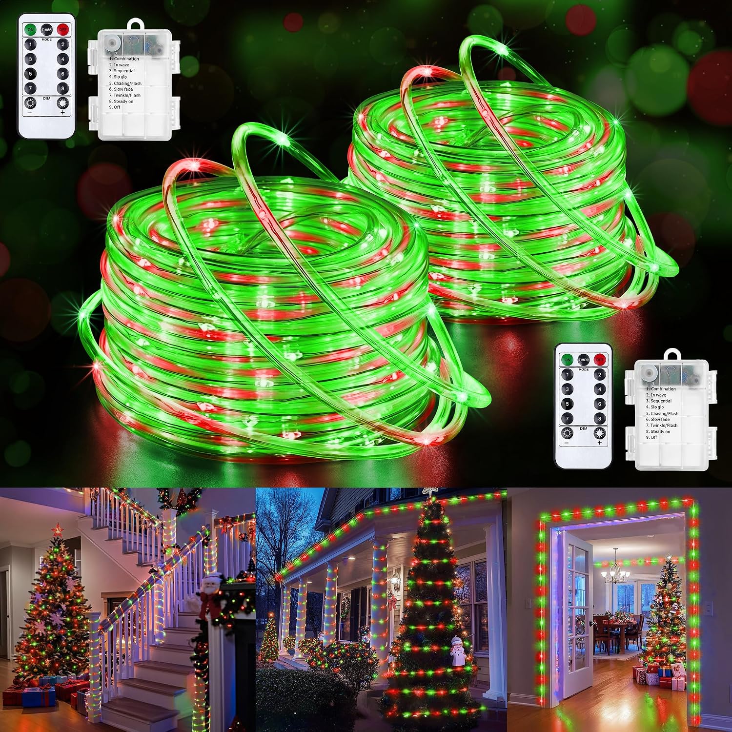 Jnaurb 2-Pack Battery Operated Rope Lights for Outside, Total 66FT 200LED 8 Modes Battery Operated String Lights, Waterproof Christmas Fairy Light with Remote for Outdoor Indoor Xmas Decor-Red & Green