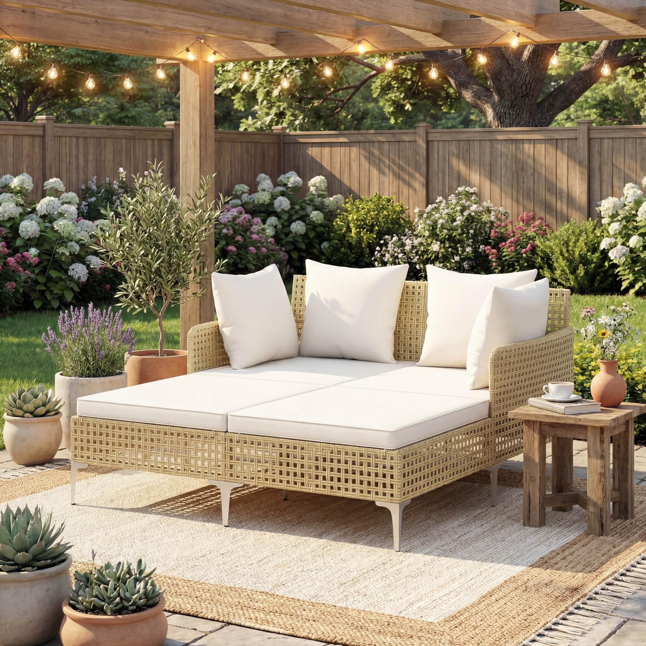 LIFEZEAL Lettino 2 Posti Prendisole in Rattan, Portata 360 kg | Lettino da Giardino con Cuscini, Struttura in Metallo, Piedini Regolabili, Divano da Esterno per Terrazza, Balcone, Piscina