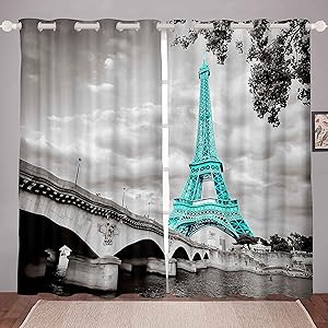 Paris Decor Curtains for Girls Bedroom Chic Eiffel Tower Curtain Gray Teal French Paris Theme Wall Window Drapes Girl Women Retro Romantic Window Treatment Living Room Home (2 Panels, 38 x 45 Inch)