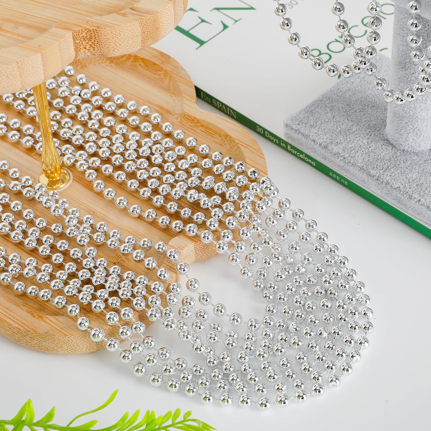 EOBOH 240PCS Silver Bead Necklace, Christmas Beads Stuff Accessories, 33" Xmas Necklaces Women and Men, Festival Events Parade Throw Accessories for Wedding Birthday Celebrations Decorations