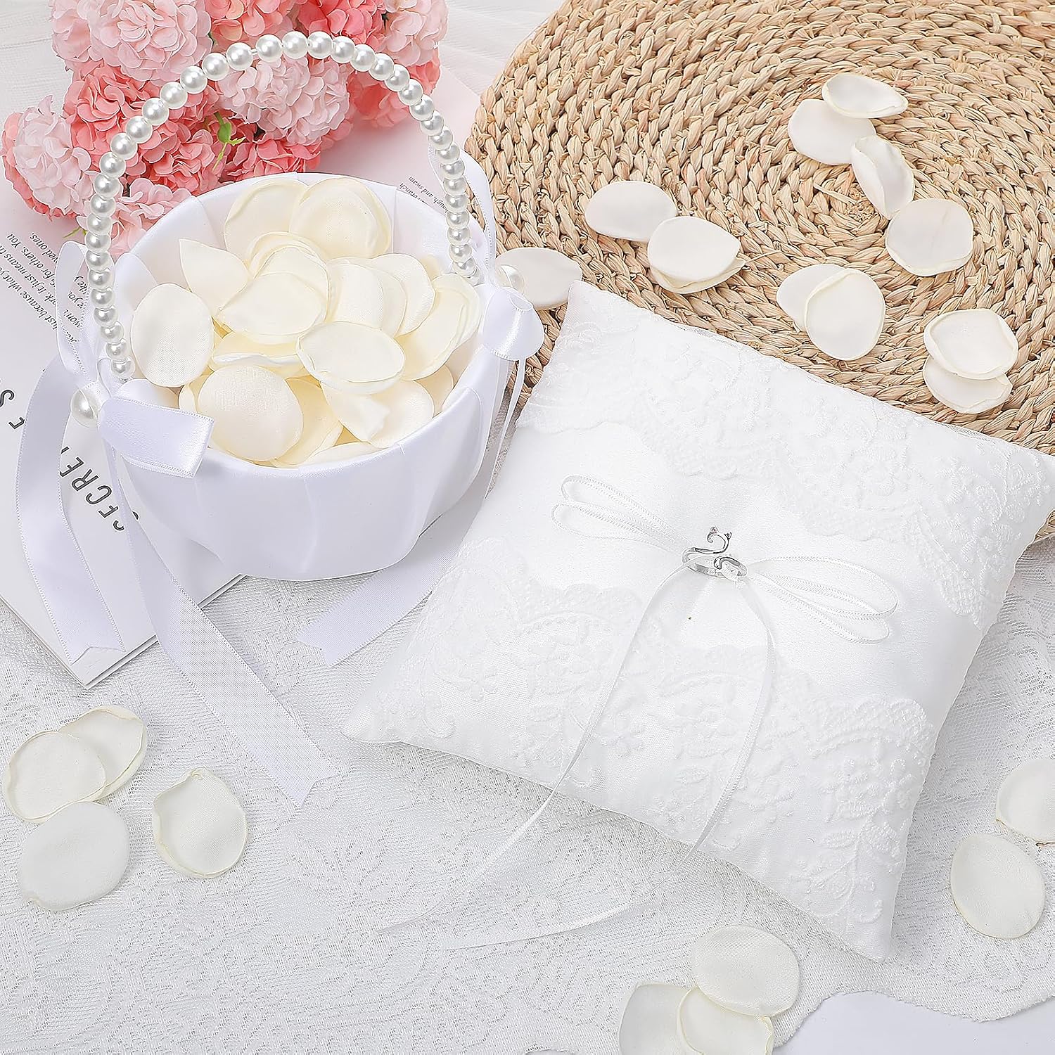 Wedding Flower Girl Basket and Ring Bearer Pillow Set with Two Hundred Ivory Rose Petals, Satin Wedding Ceremony Accessories for Flower Girl and Ring Bearer