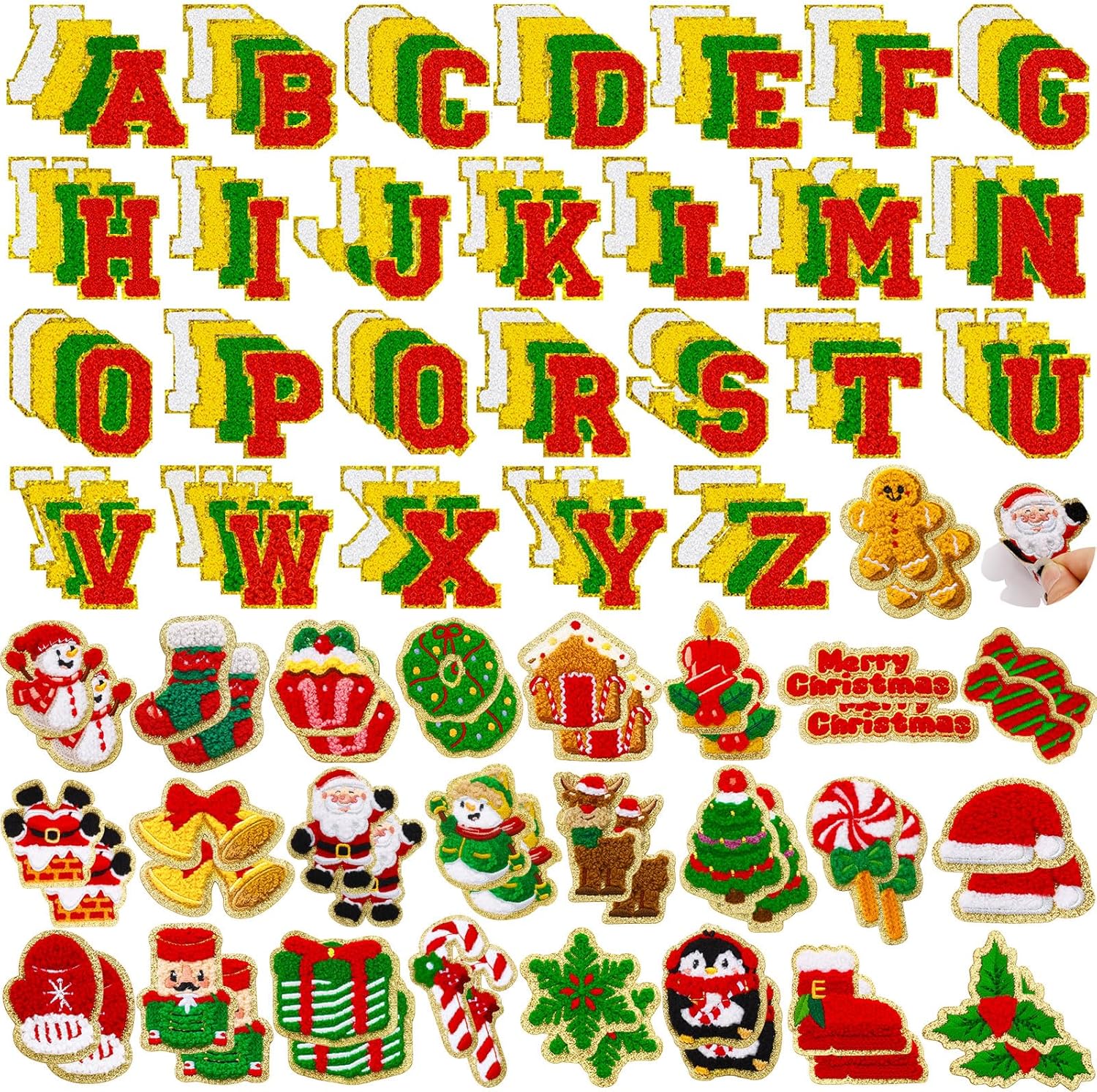 154 Pcs Red and Green Christmas Patches Chenille Self Adhesive Christmas Letter Patches Embroidered,Include 104 A-Z Letters Patch Stickers,50 Snowflake Snowman Candle Stick on Patch for Backpacks