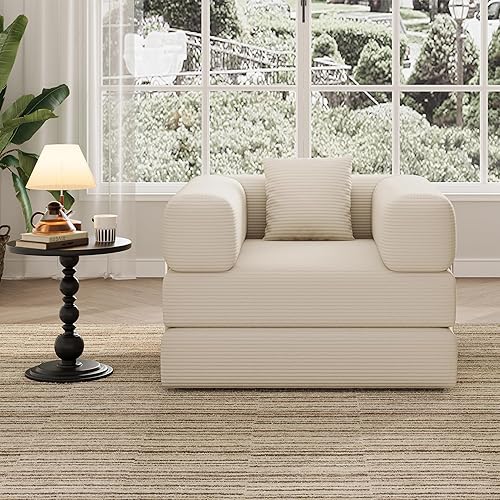 Miniatura 7 de Sofá cama plegable, sofá convertible 2 en 1 para tumbona, cómodo puf individual, portátil, plegable, futón para dormitorio, sala de estar (beige,