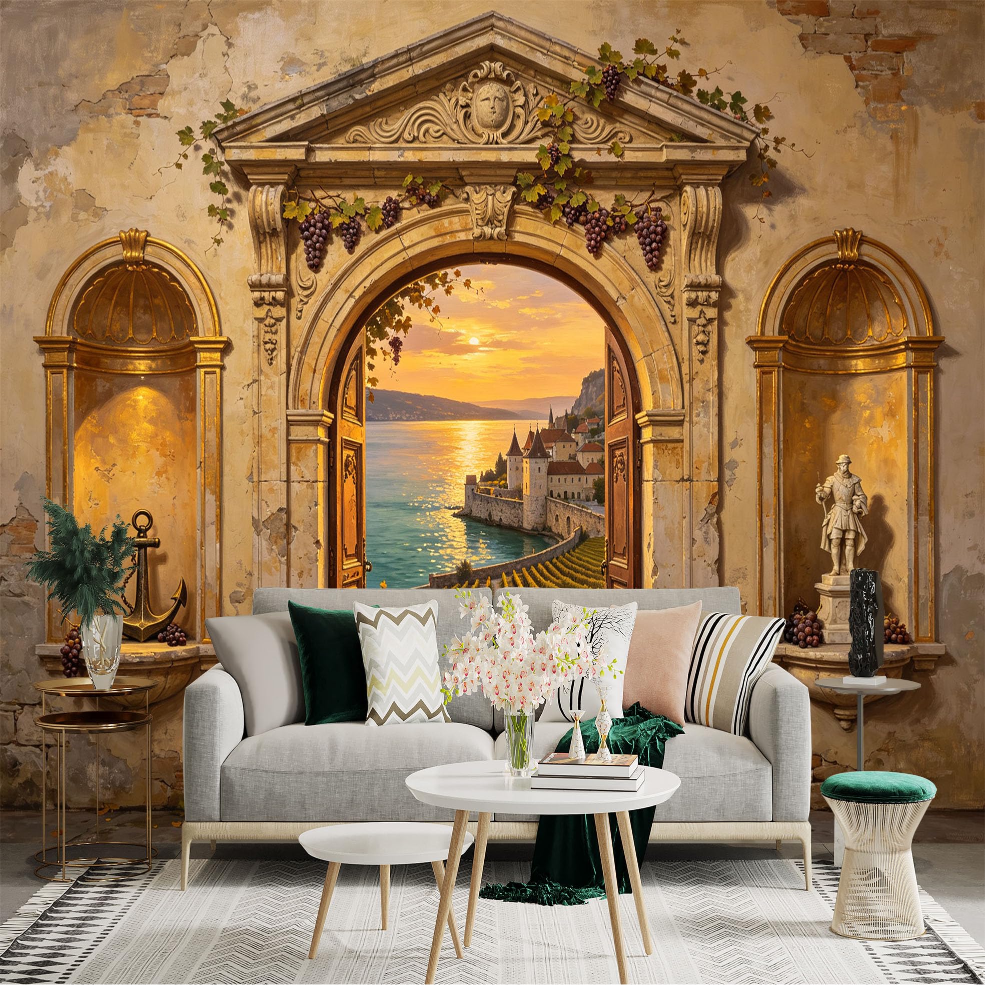 Custom Size Wall Sticker Mural， Vintage Archway with Vineyard Path， Coastal Castle and Sunset Lake View， for wall Decoration， peelandstick wall Decals.