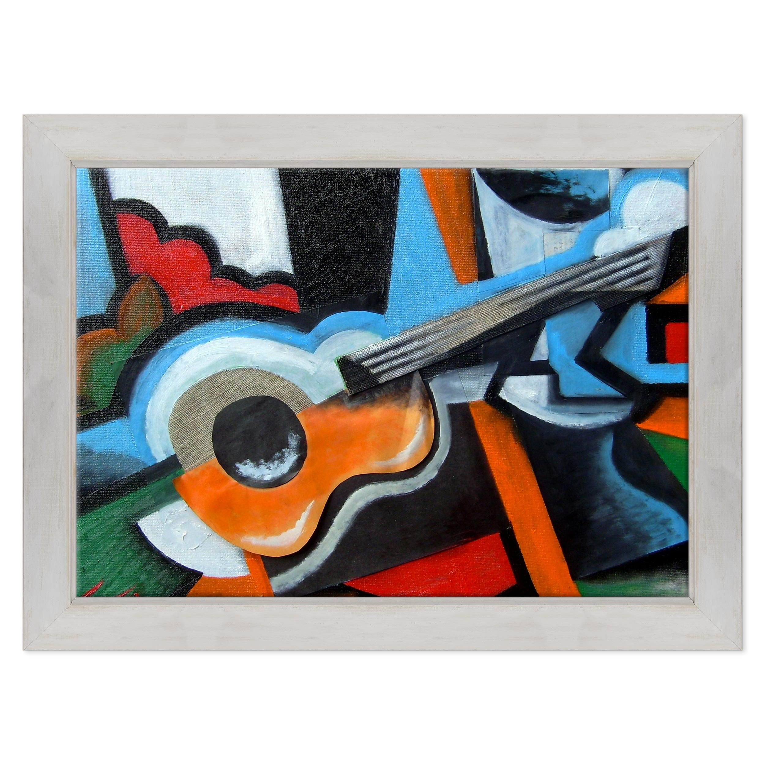 Quadro su Tela Canvas INTELAIATO - con Cornice - Astratto Chitarra - Musica Arte - 70x100cm - Stile Country Bianco Shabby - (cod.1820)