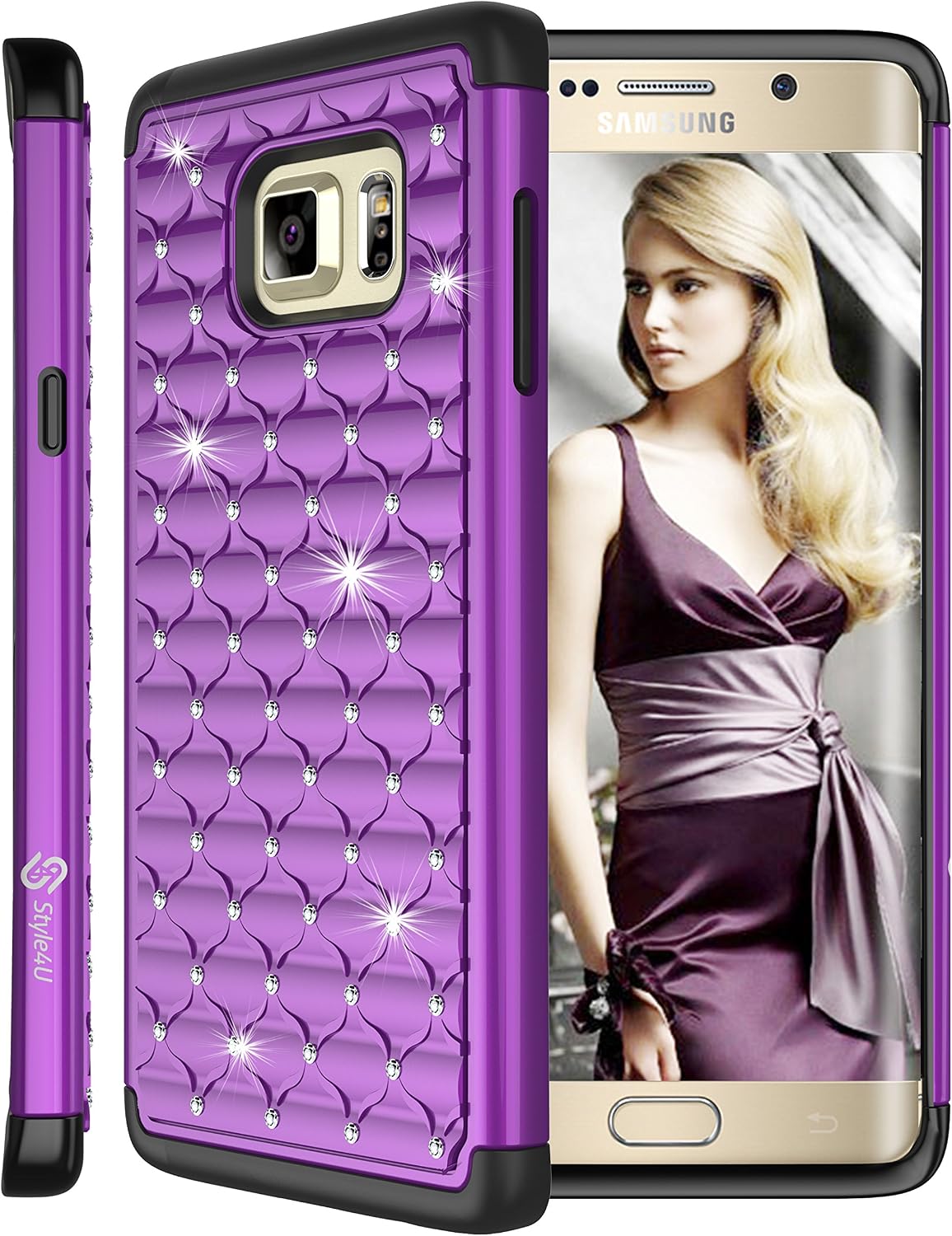 Style4U Galaxy S6 Edge Plus Case, Studded Rhinestone Crystal Bling Hybrid Armor Case Cover for Samsung Galaxy S6 Edge Plus / S6 Edge + with 1 Stylus [Purple/Black]