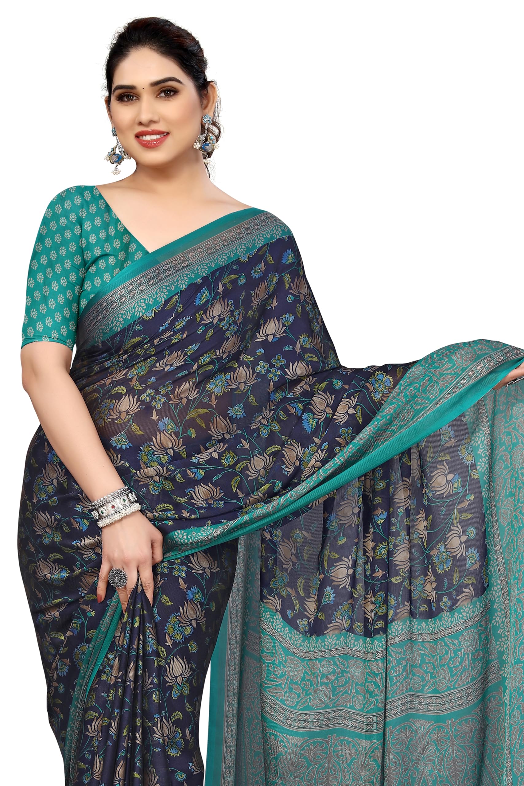 Women's Chiffon Floral Printed Saree with Blouse Piece