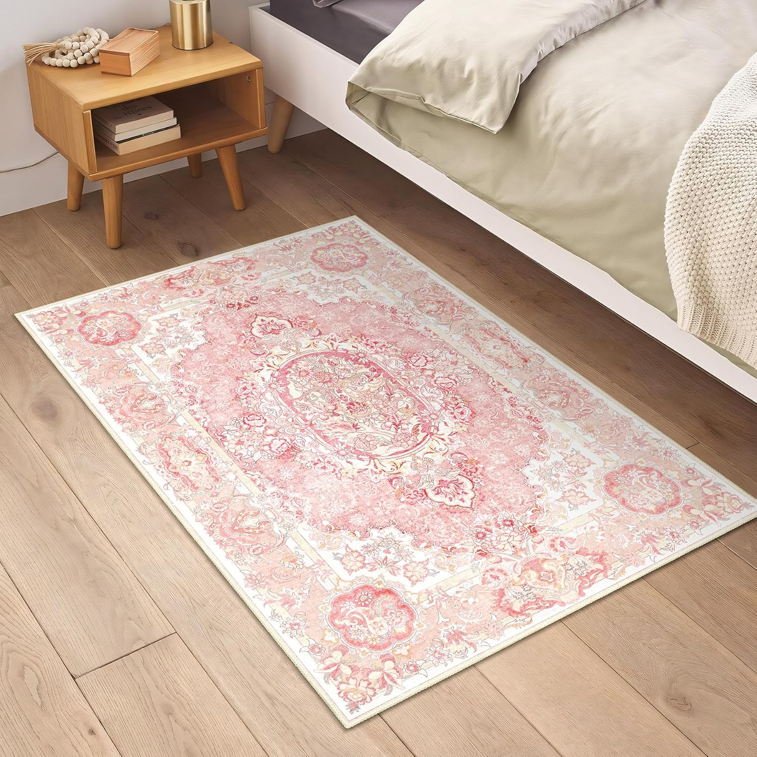 Boho Washable Area Rug 2x3 Small, Vintage Floral Low Pile Non Slip Rug for Entryway Bathroom Bedroom, Soft Farmhouse Decorative Carpet,Blush Pink