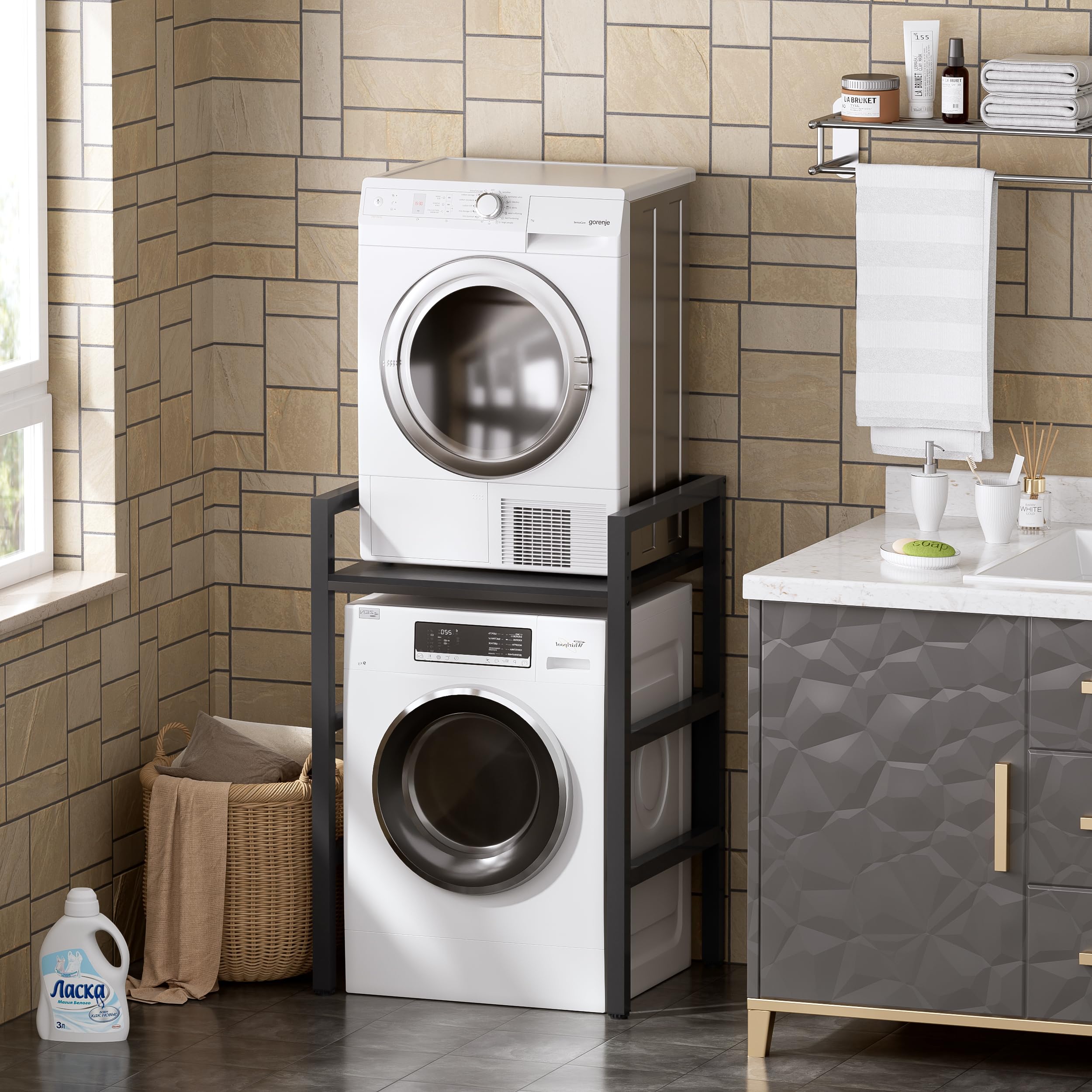 Wasmachinerek, wasmachinerek, droger, kast, 3 hoogtes verstelbaar, rek over wasmachine, 350 kg draagvermogen, wasmachinekast voor badkamer, balkon, 75 x 65 x 105 cm, wit/zwart