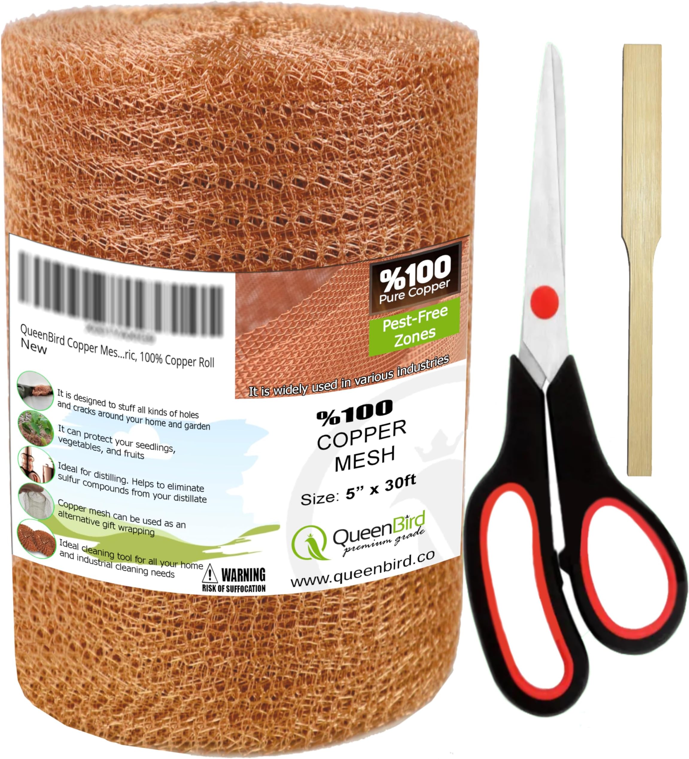 QueenBird Copper Mesh Rodent Control – 5" x 30 ft Roll – 100% Pure Copper for Hole Blocking, Distilling & DIY – Includes Scissors & Tool