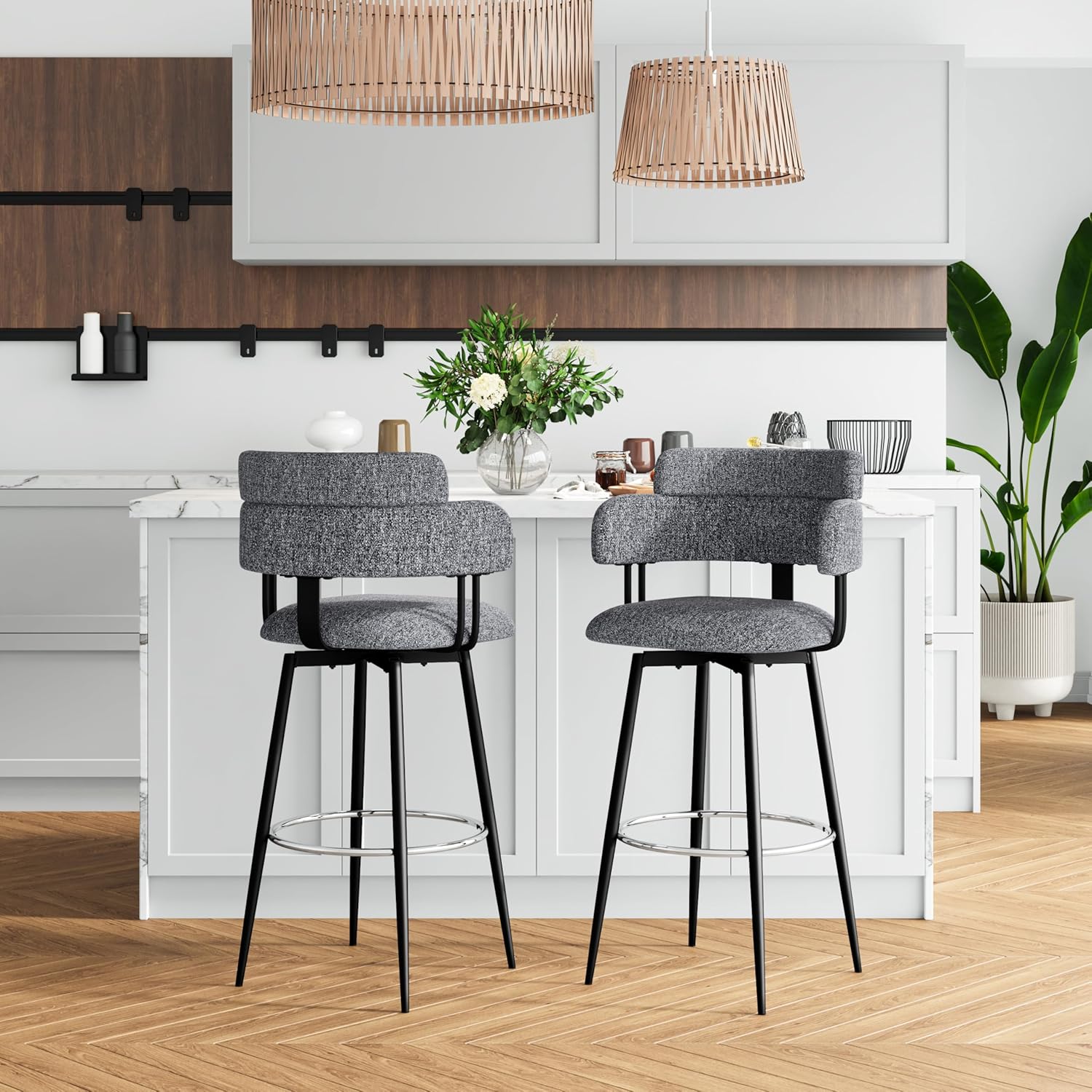 Swivel Bar Stools Set of 2 – Counter Height Bar Stools with Linen Upholstery, Ergonomic Backrest, and Chrome Metal Feet for Kitchen Island (Gray, 30" Barstools)