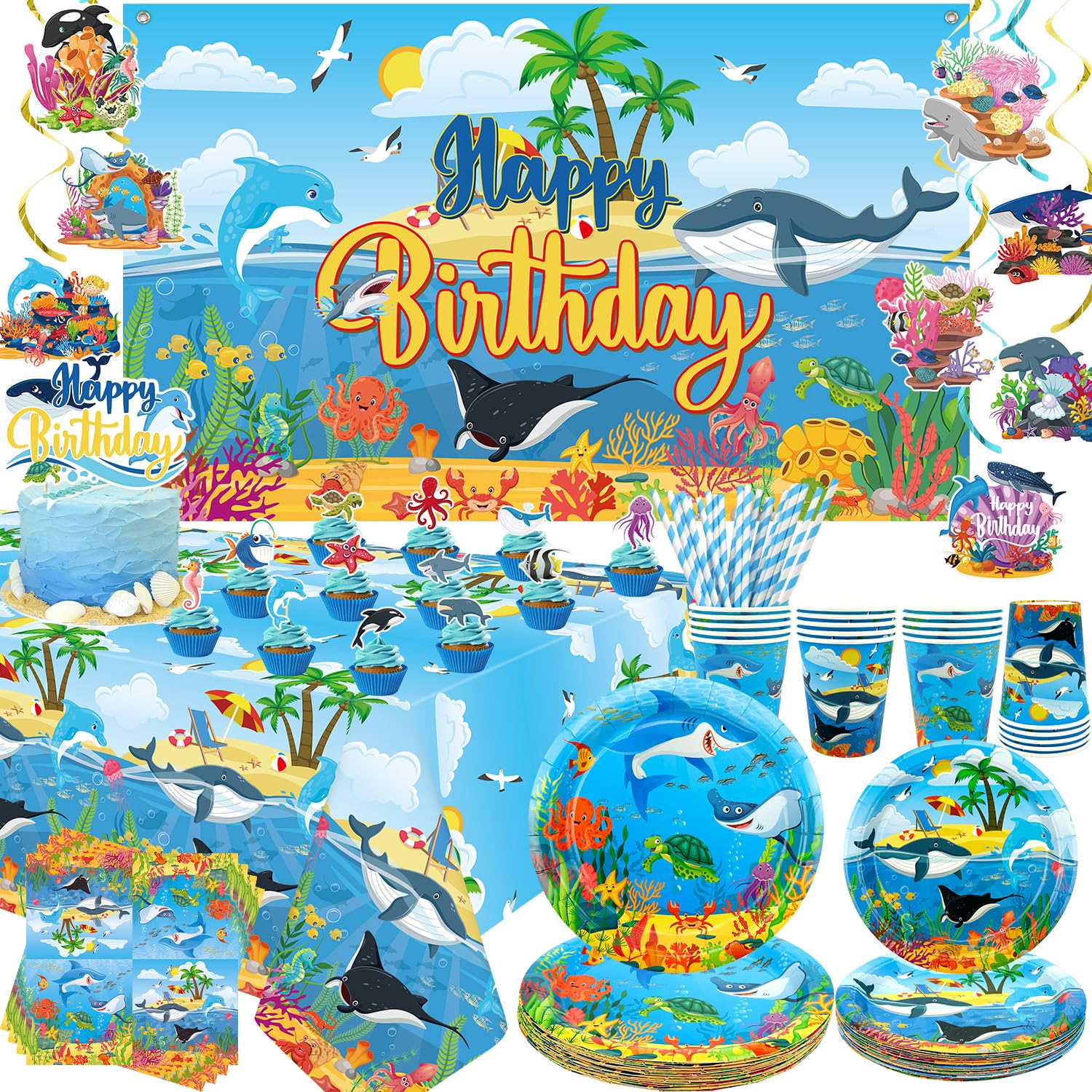 Under The Sea Party Decorations, Under the Sea Birthday Decoration, Plates Cups Napkins Tablecloth Backdrop Cake Toppers Tableware for Ocean Beach Underwater World party Supplies, Serves 20