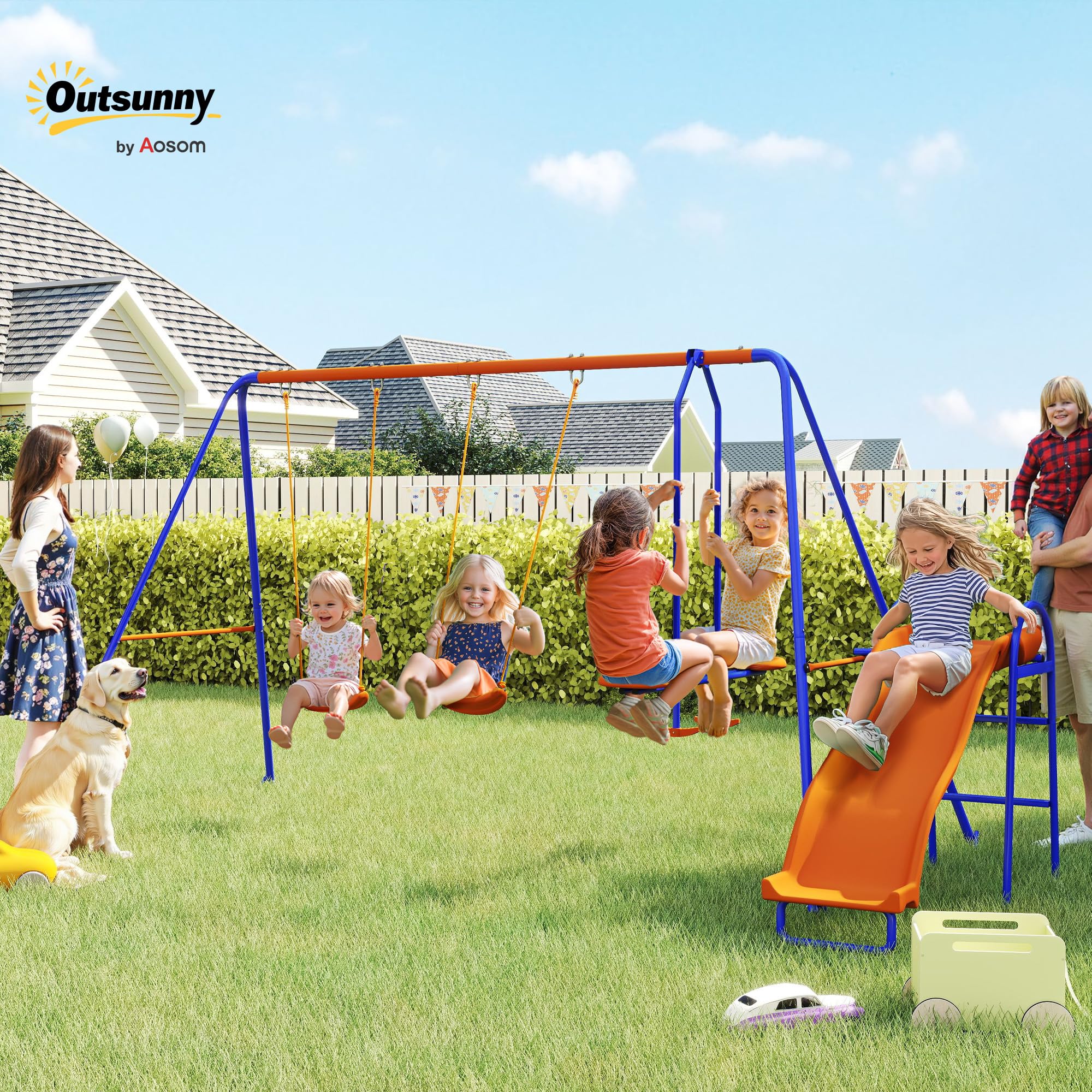 Outsunny Columpio Infantil 4 en 1 Columpio para Niños con 2 Columpios Individuales 1 Columpio del Planeador 1 Tobogán Cuerda Ajustable y Anti-UV para Exterior Carga 225 kg Multicolor