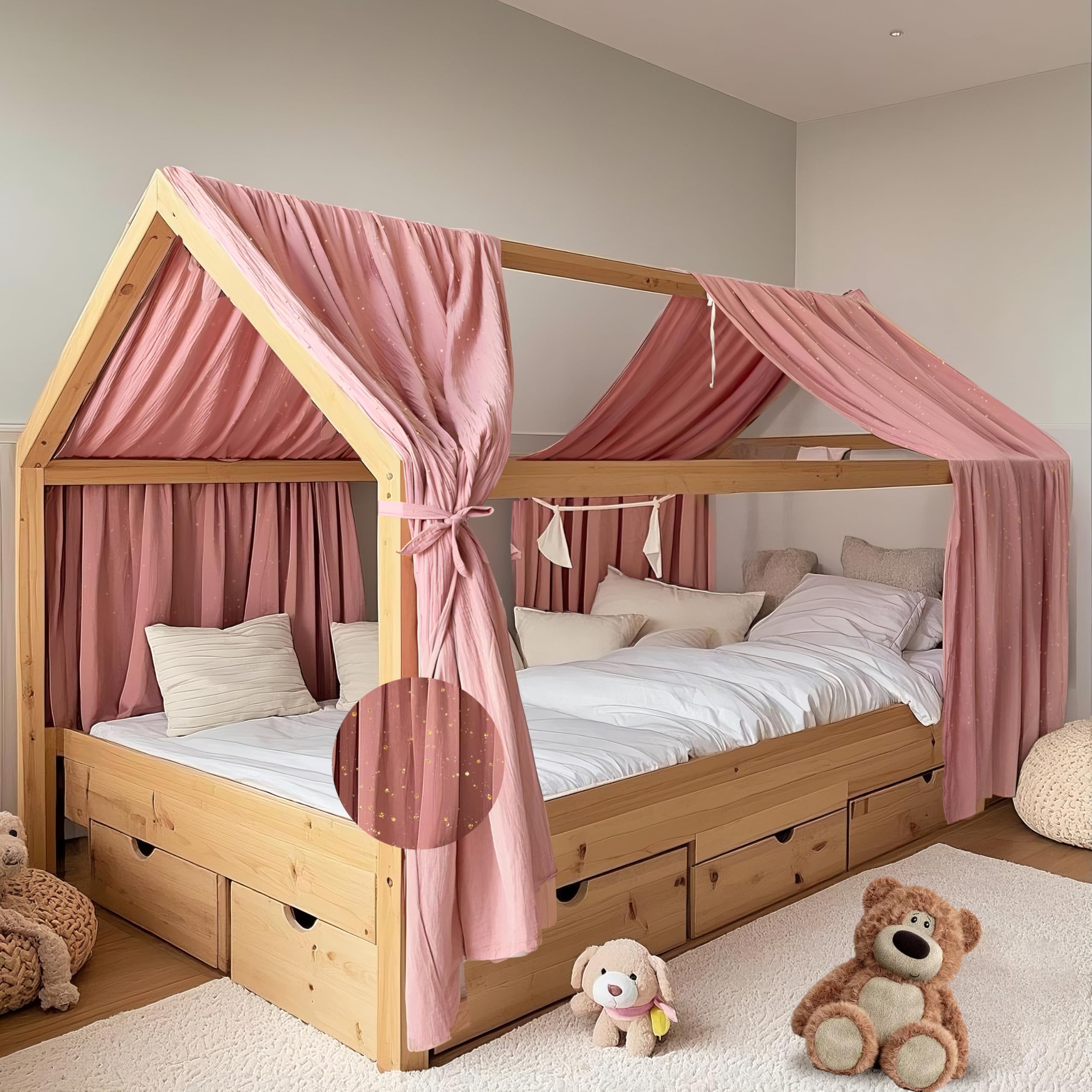 Cama de casa con dosel con apliques dorados, 2 unidades, hecha a mano de 100% muselina de algodón, dosel de tela para decoración de cama de casa, para niñas y niños (rosa viejo, juego de 2