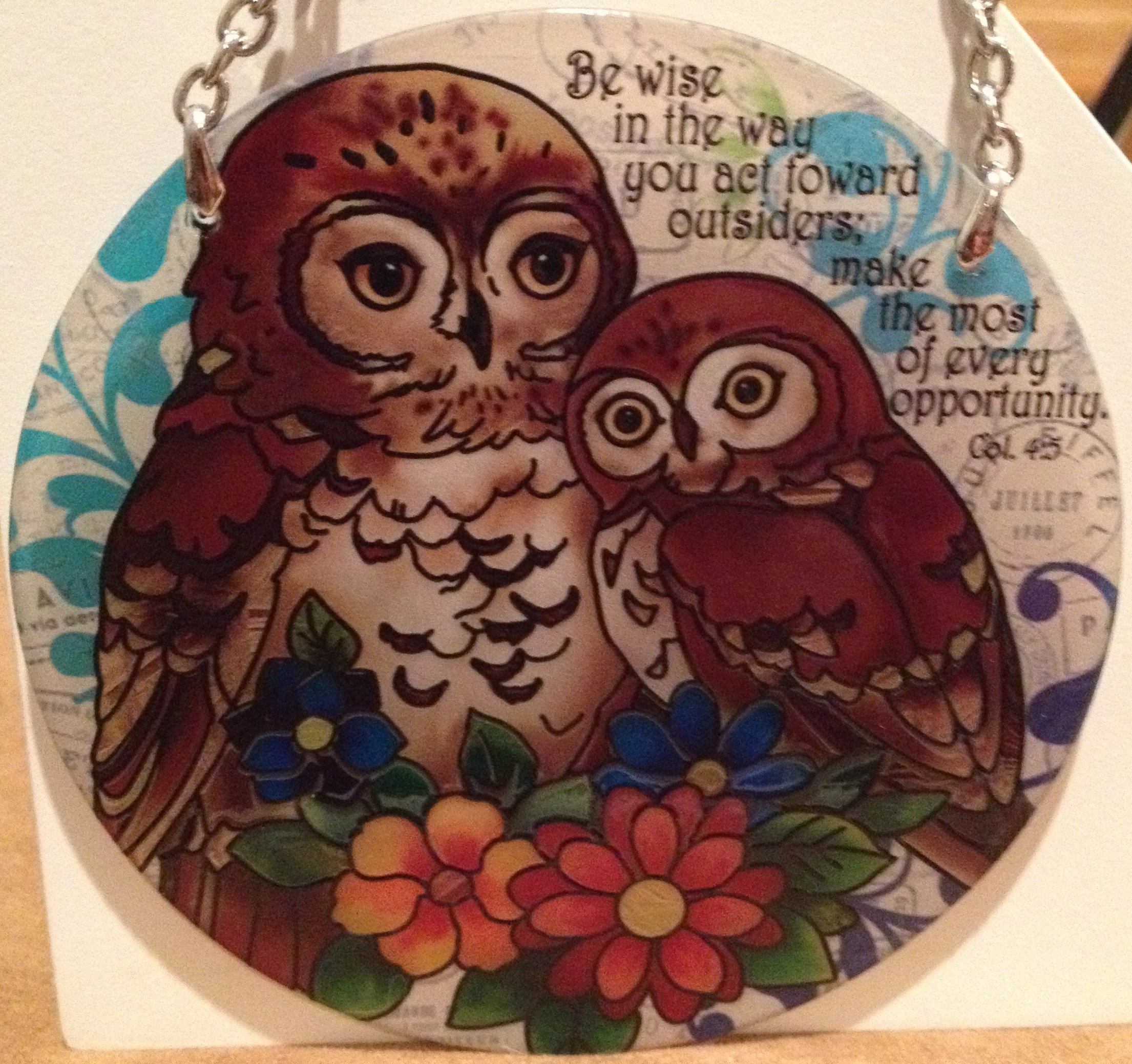 Joan Baker DesignsTwo Owls Be Wise in The Way You Act Col. 4:5 Stained Glass Suncatcher (MC325R)