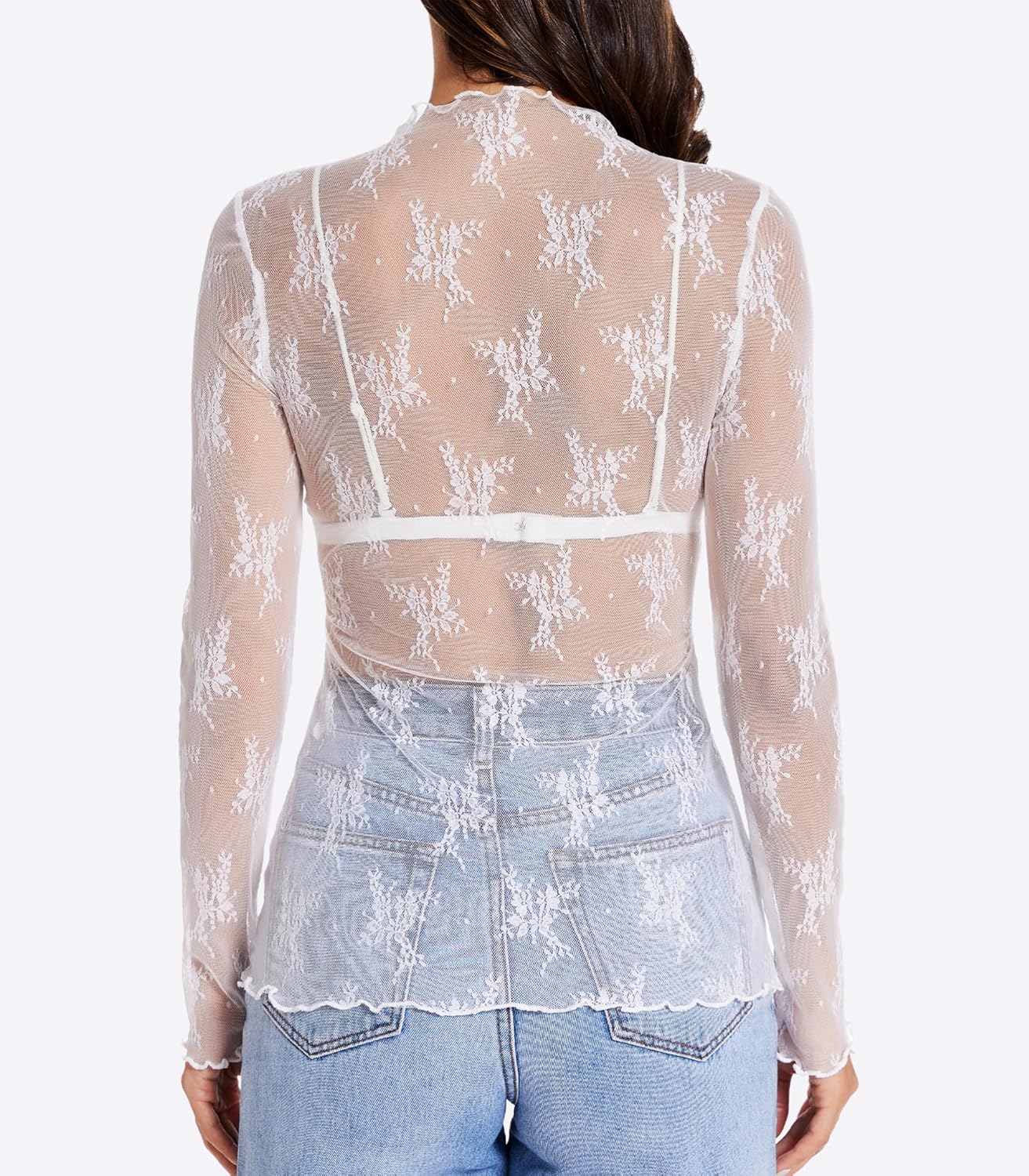 Womens Lace Long Sleeve Mesh Top Mock Neck Sheer Blouse See Through Floral Layering Shirt - Image 2