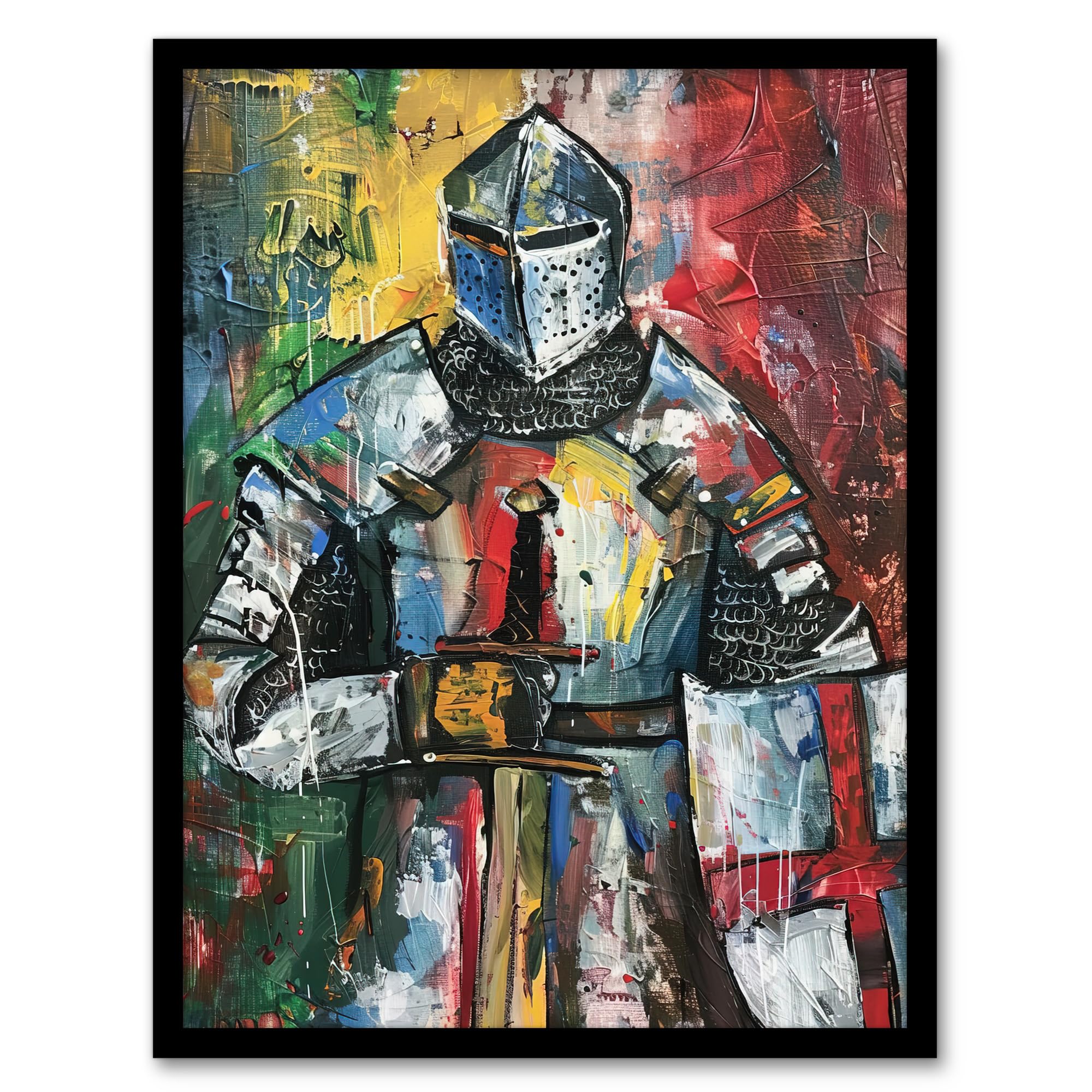 Artery8 Templar Knight Medieval Armor Sword Painting Living Room Artwork Framed Wall Art Print 18X24 Inch