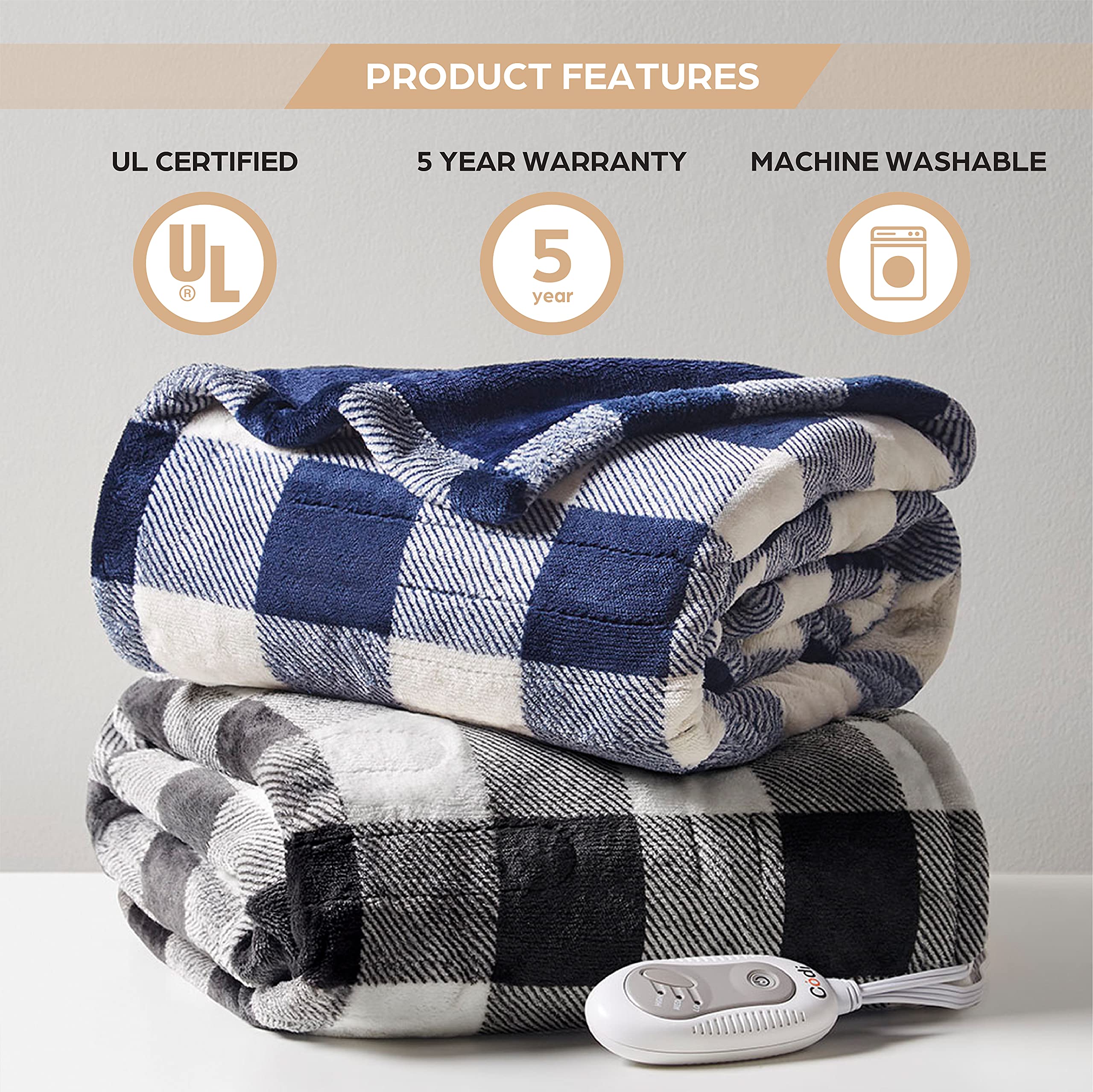 Amazon.com: Soft Plush Electric Heated Blanket Throw, White Black Plaid  Microlight Therapedic Throws | 3 Heat Setting with Auto Shut Off, 6ft Power  Cord, | Washable : Toys u0026 Games