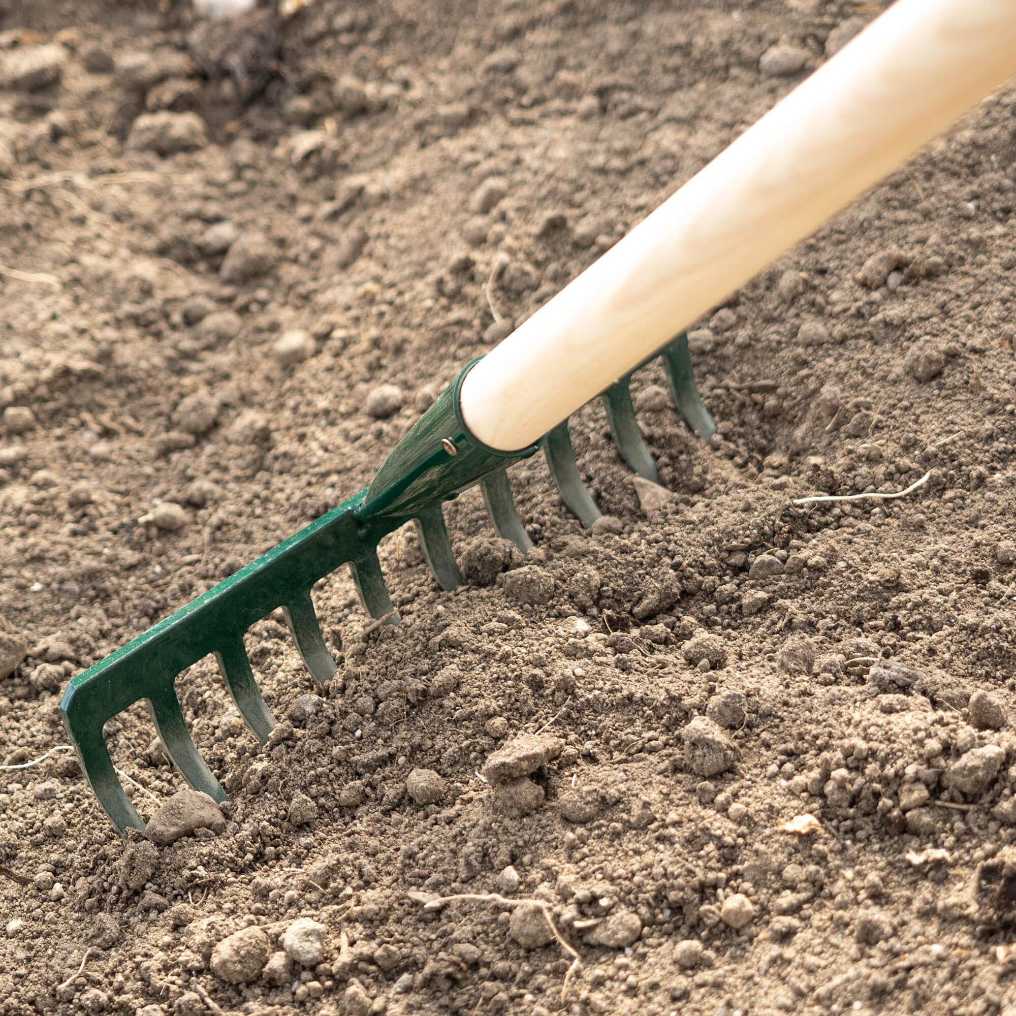 KADAX Rastrillo de metal, rastrillo plano con mango de madera, escoba para jardín, bancal, rastrillo de hojas, rastrillo de césped, verde, herramienta de jardín, rastrillo de heno, herramienta de