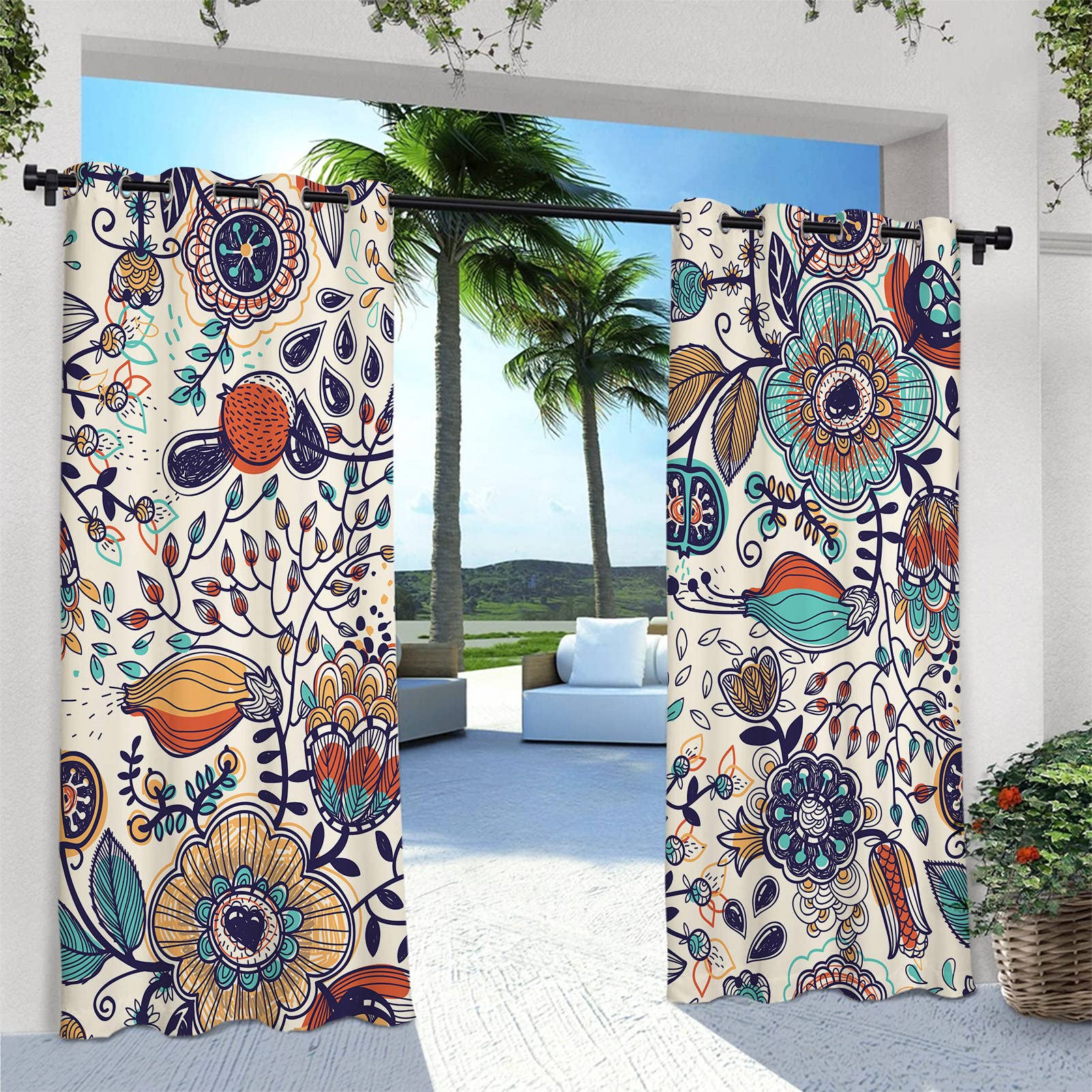 ANHOPE Rideaux D'extérieur Imperméable Rideau Extérieur avec Oeillet Rideaux Imprime Abstrait Tropical Plante Fleur Rideau pour Pergola Terrasse Jardin Balcon 132L X 214H cm (2 Panneaux)