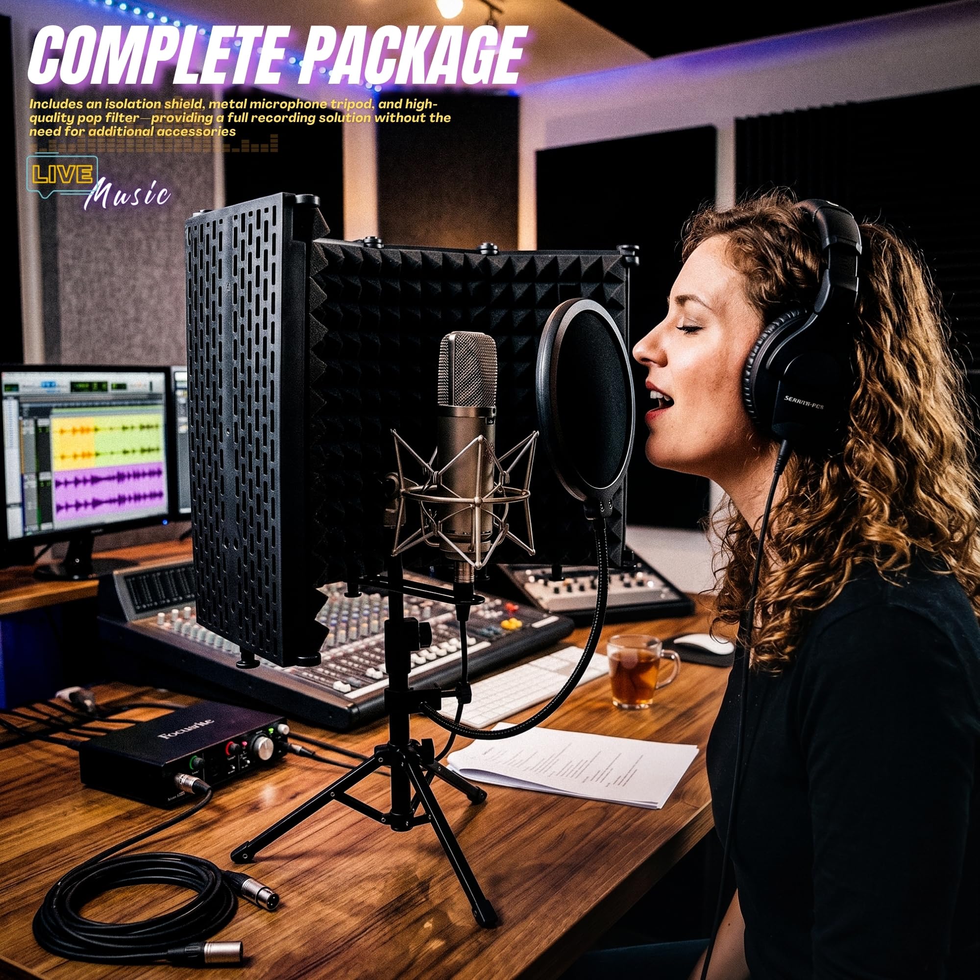Studio-Mikrofon-Isolationsschild, mit Pop-Filter & Metall-Tischstativ, Mikrofonständer, 5-fach faltbarer Studio-Mikrofon-Isolationsschild, tragbar für Singen, Podcasting, Musikaufnahme