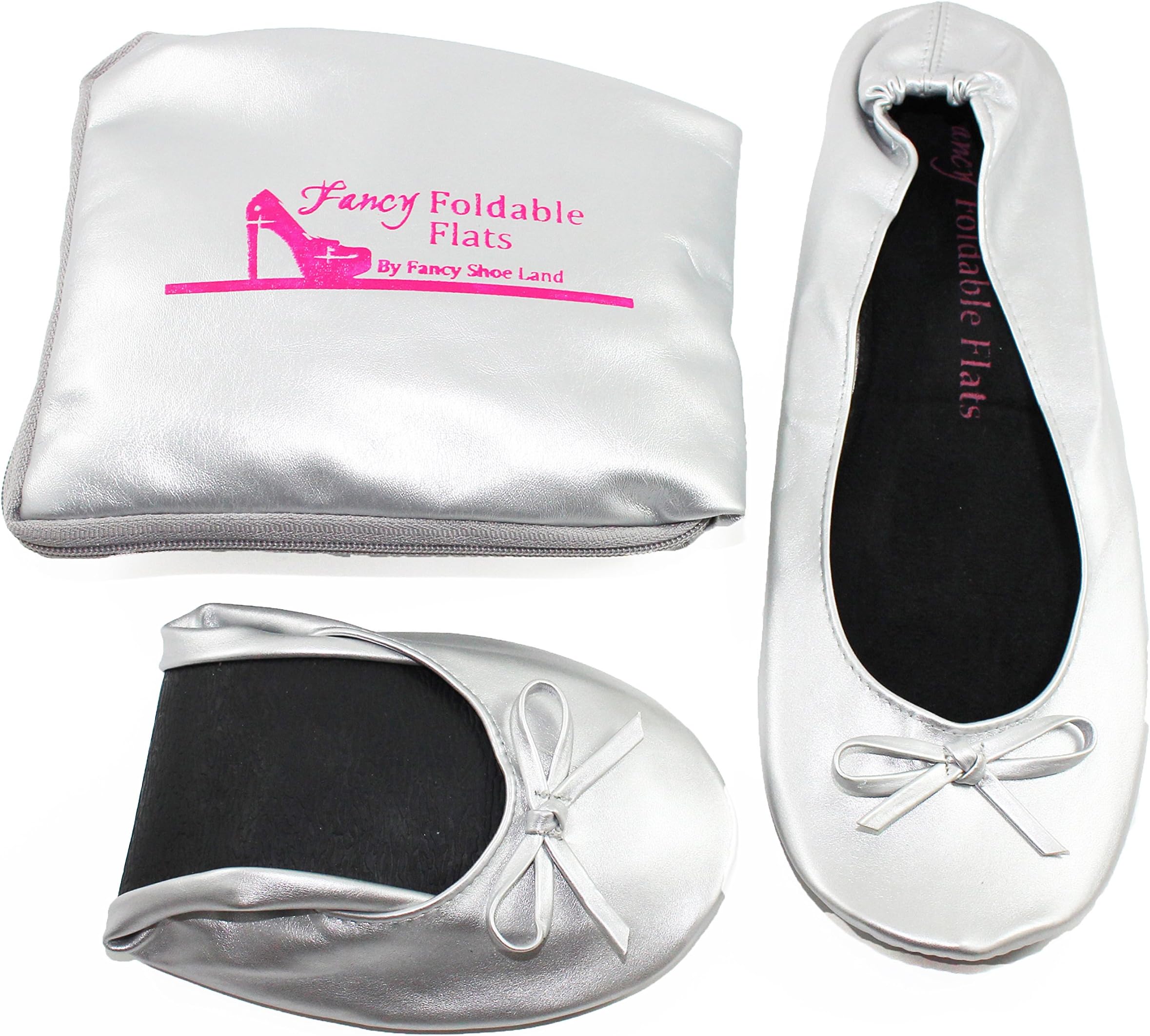 Women's Ballet Flats - Foldable Flats WITH EXPANDABLE TOTE BAG - Great for Weddings Brides Bridal Parties, Bridesmaid Shoes, Expandable Tote Bag for Carrying High Heels -Fancy Flat SILVER shoes - Best PORTABLE Travel SHOES fold up ballet shoes (Medium = 7 up to 8)