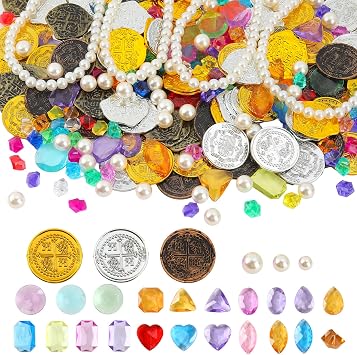 319 PCS Pirate Treasure,Fake Gold Coins Gems Jewelry Pirate Party Favors