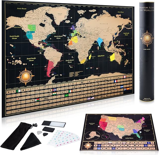 Scratch Off World Map Poster with Gift Tube  Complete Accessories Set & All Country Flags, Wall Art Gift for Travelers, Includes Deluxe United States Scratch Map, Mark Places You've Been - 43 x 61 cm