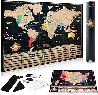 Scratch Off World Map Poster + Deluxe United States Map North America - Includes Complete Accessories Set & All Country Flags - Premium Wall Art Gift for Travelers