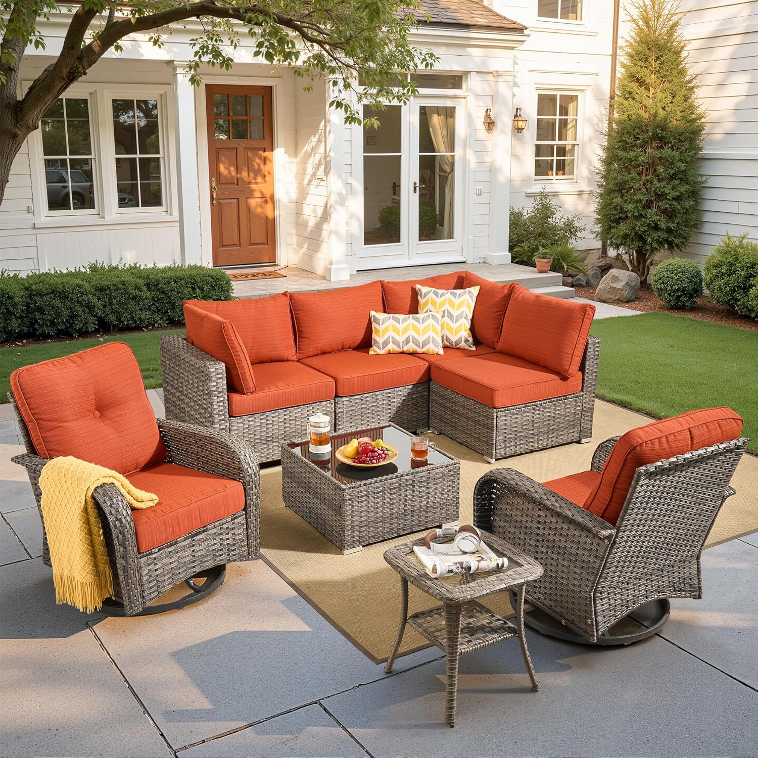 CAODOC Wicker Patio Furniture Set, 8 Pieces Outdoor Sectional Sets with 6 Seats, Rattan Conversation Set with Swivel Chairs for Garden and Backyard, l Shape Couch Set
