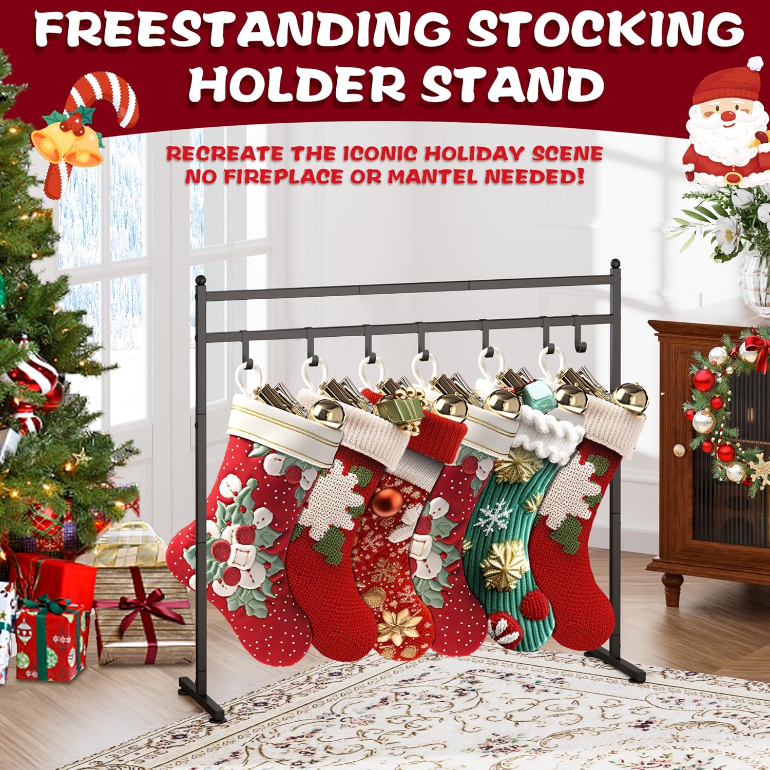 Freestanding Christmas Stocking Holder Stand with 8 Hook, Heavy Duty Metal Christmas Stocking Stand for Floor, Holiday Decor Hanger Display for Home, Display Window, Living Room