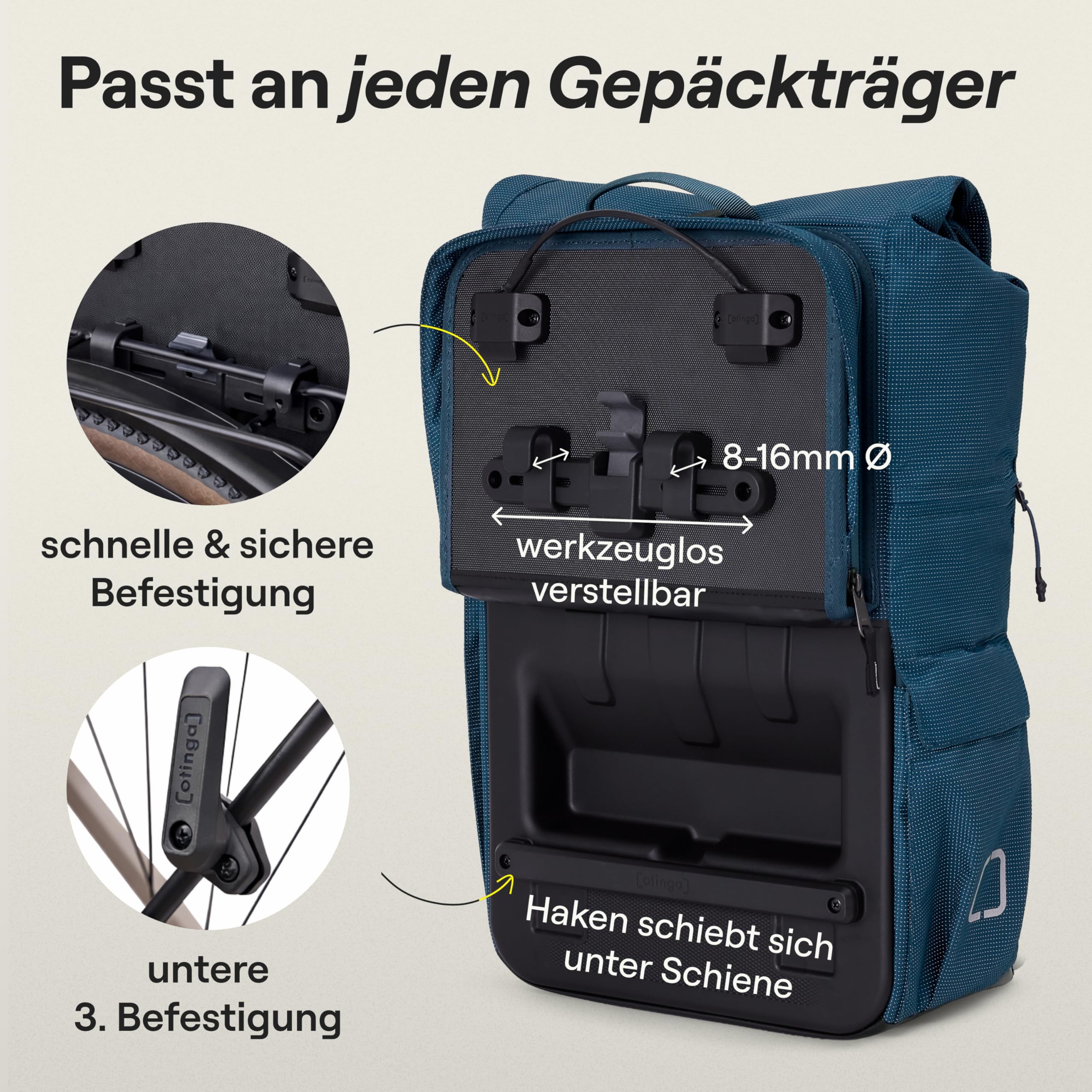 otinga® Flip V2 torba rowerowa, plecak [pojemność 34 l] na każdy bagażnik I stylowa torba na bagażnik z plecakiem – przebudowana w 7 sekund I wodoszczelny plecak rowerowy na bagażnik