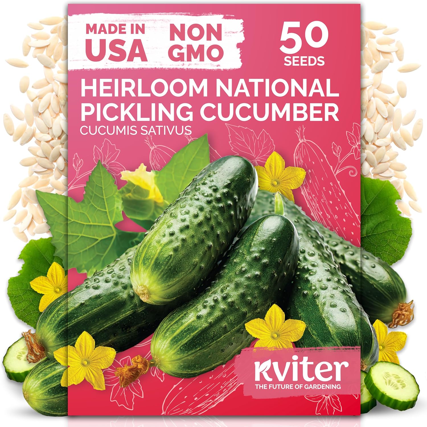 KVITER National Pickling Cucumber Seeds - 50 Heirloom Non-GMO Organic Pickling Cucumbers for Jars, Gardens & Containers