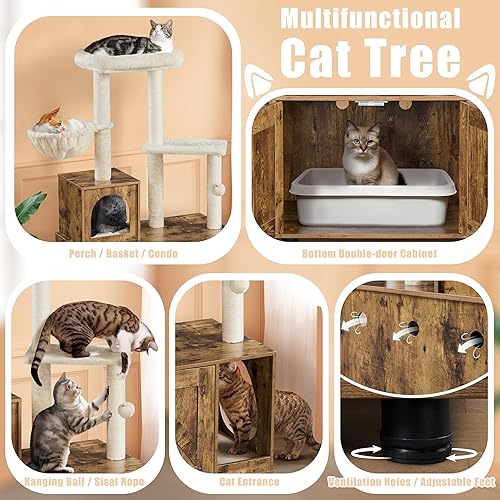 Miniatura 4 de Yaheetech Caja de arena con árbol para gatos, casa para gatitos todo en uno con postes para rascar, muebles de madera para gatos con condominio,