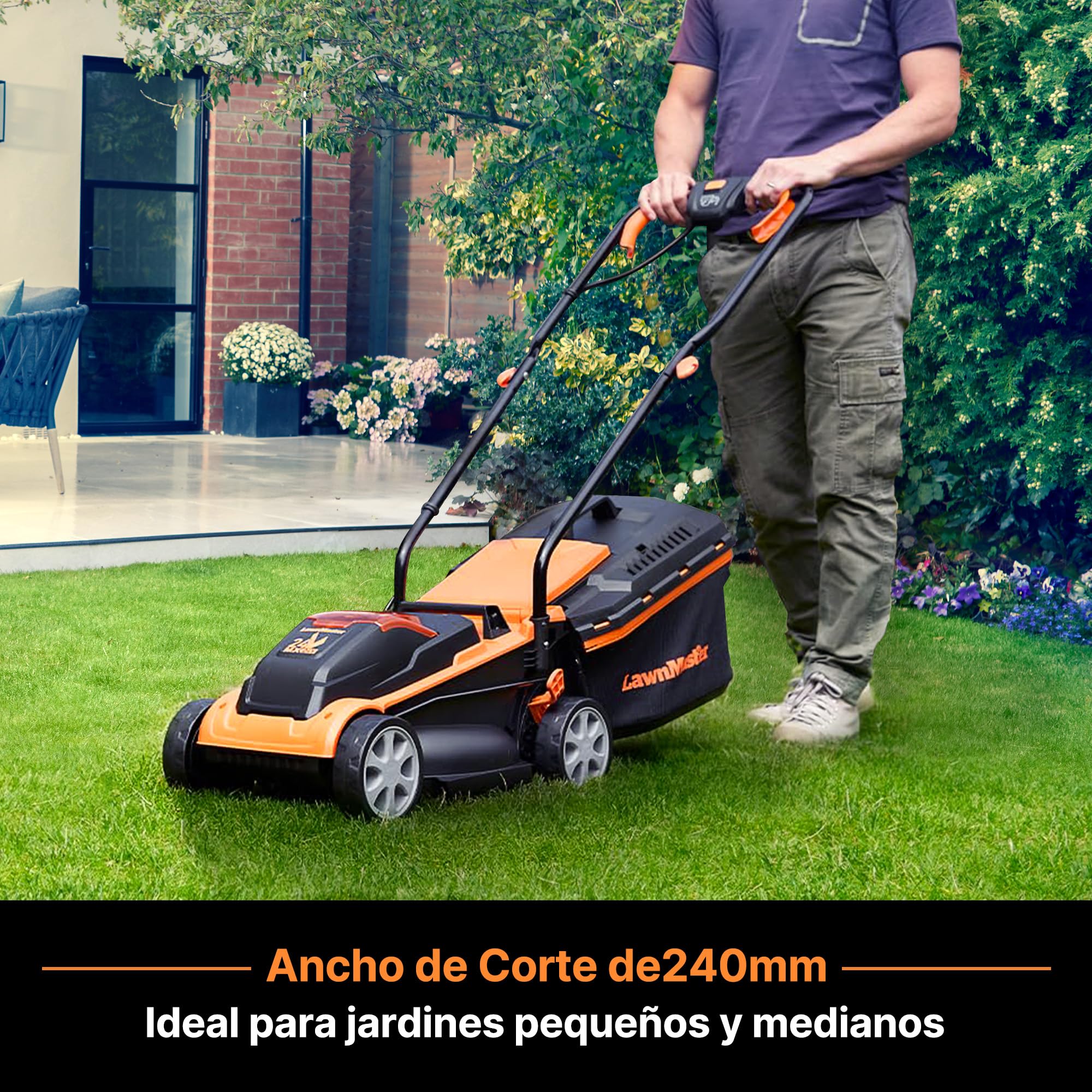 LawnMaster CLM2432K Cortacésped de cortacésped 24V 32 cm de Ancho de Corte, 150 m², Altura de Corte 25-65mm, Incluye batería de 4,0 Ah + Cargador