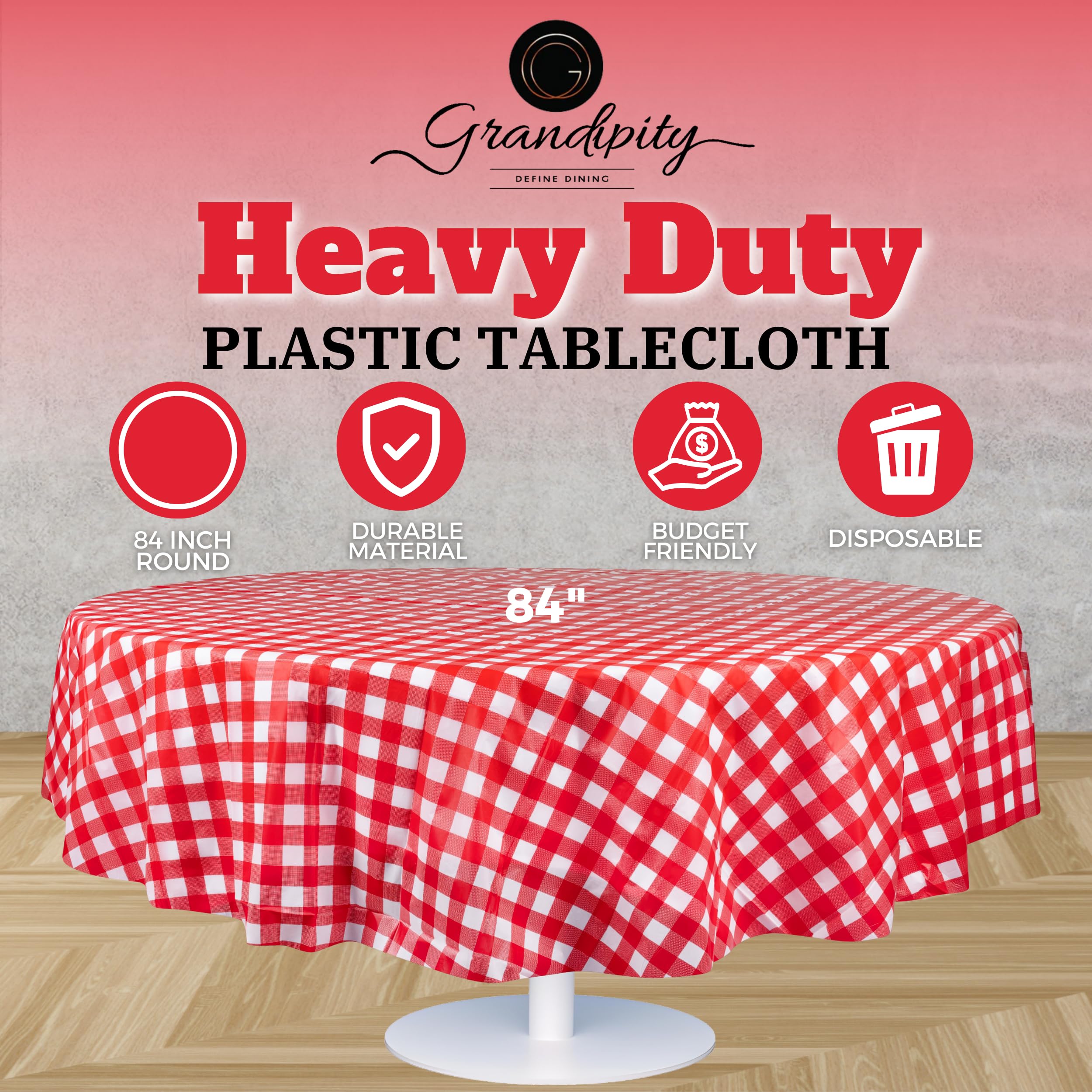 Grandipity Red Gingham Checkered Plastic Table Cloth Disposable (6 Pk) 84in Round Tablecloth Premium Party Table Cloths Disposable - Perfect Table Cloth Round Cover for Any Table Up to 6 Feet
