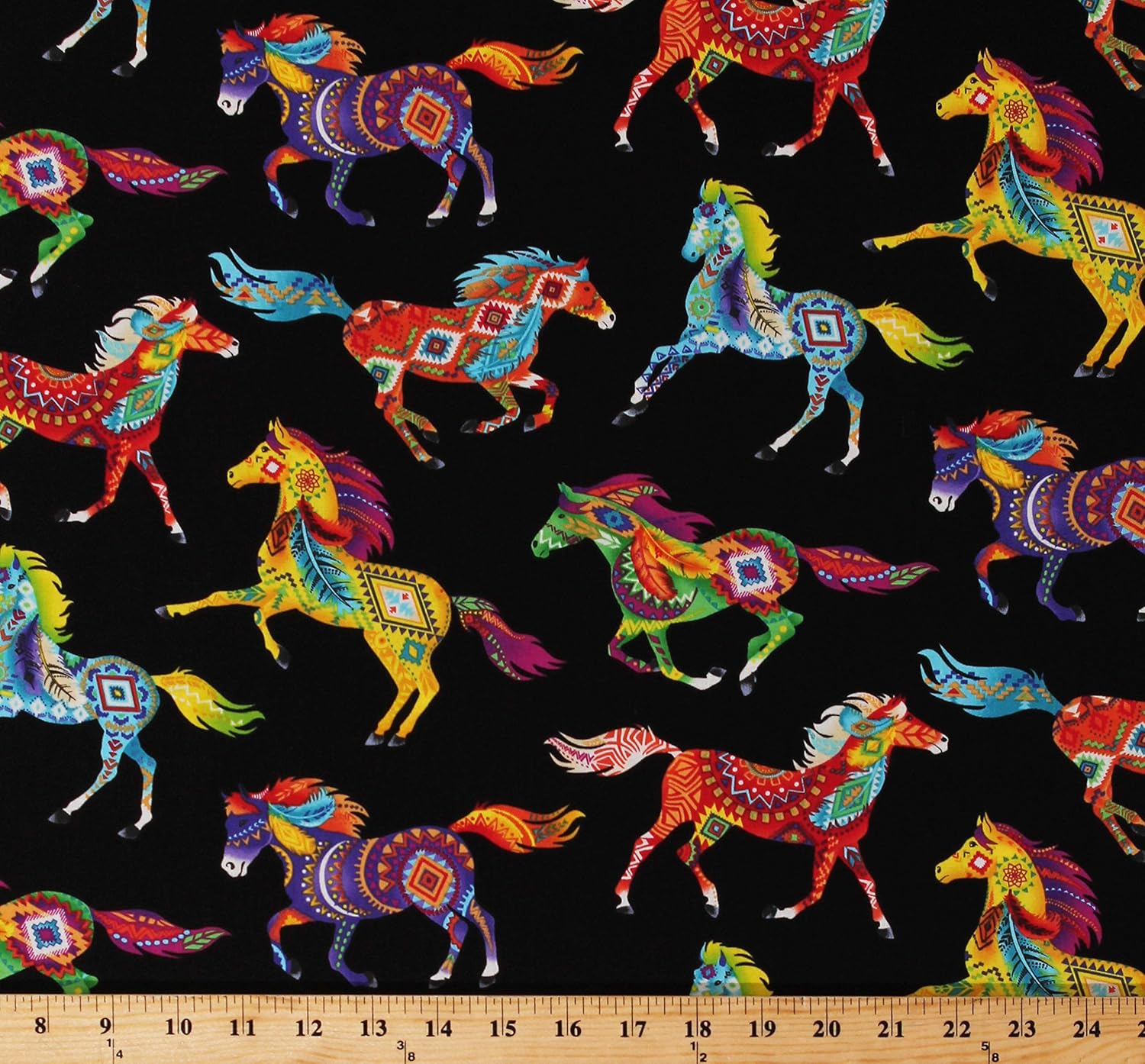 Cotton Southwestern Horses Decorated Horse Aztec Tribal Designs Feathers Bright Multi-Color Animals on Black Cotton Fabric Print by The Yard (D579.43)