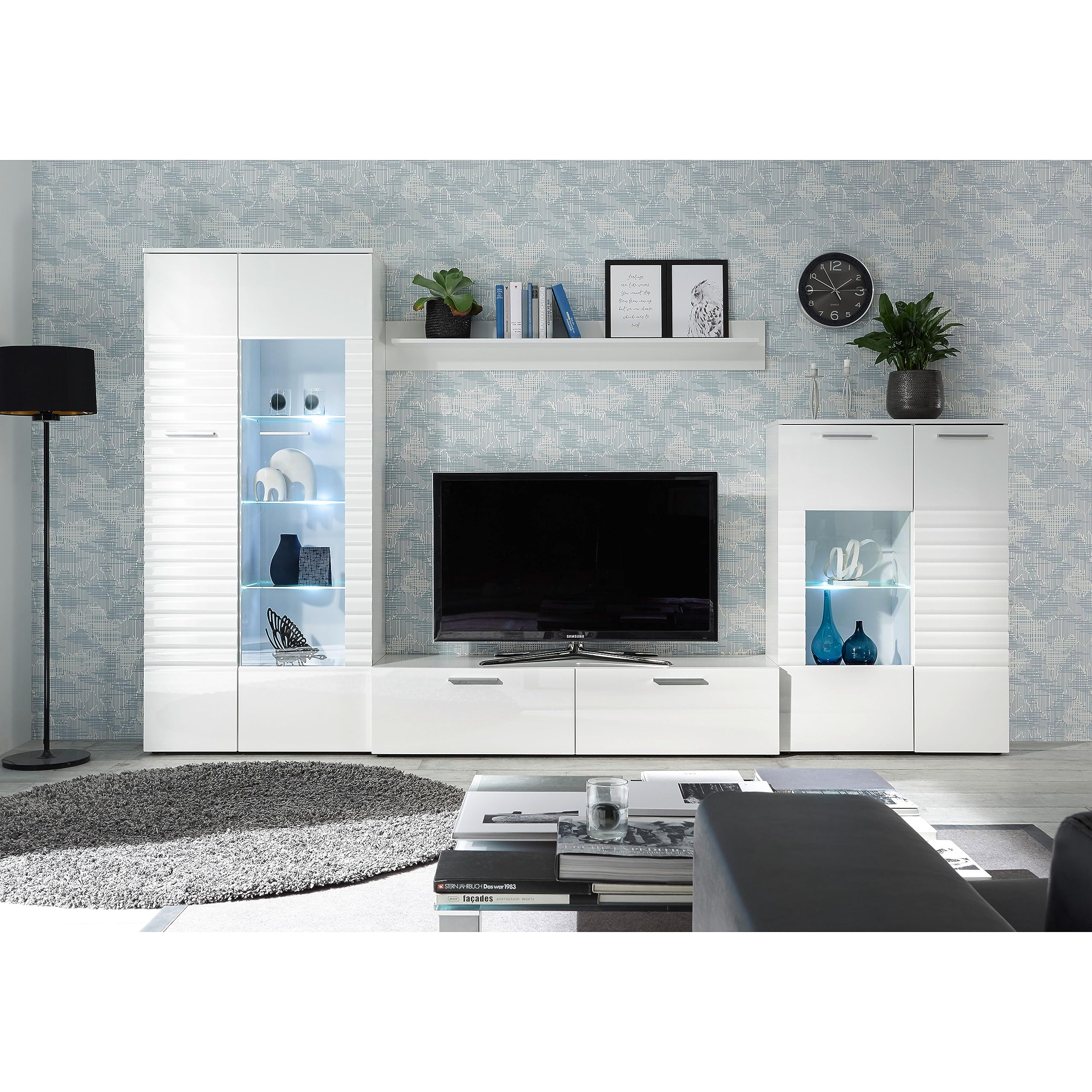 NEW Long Wohnwand Komplett-Set in Weiß - Moderne Schrankwand mit LED-Beleuchtung für Ihr Wohnzimmer - 320 x 194 x 44 cm (B/H/T)