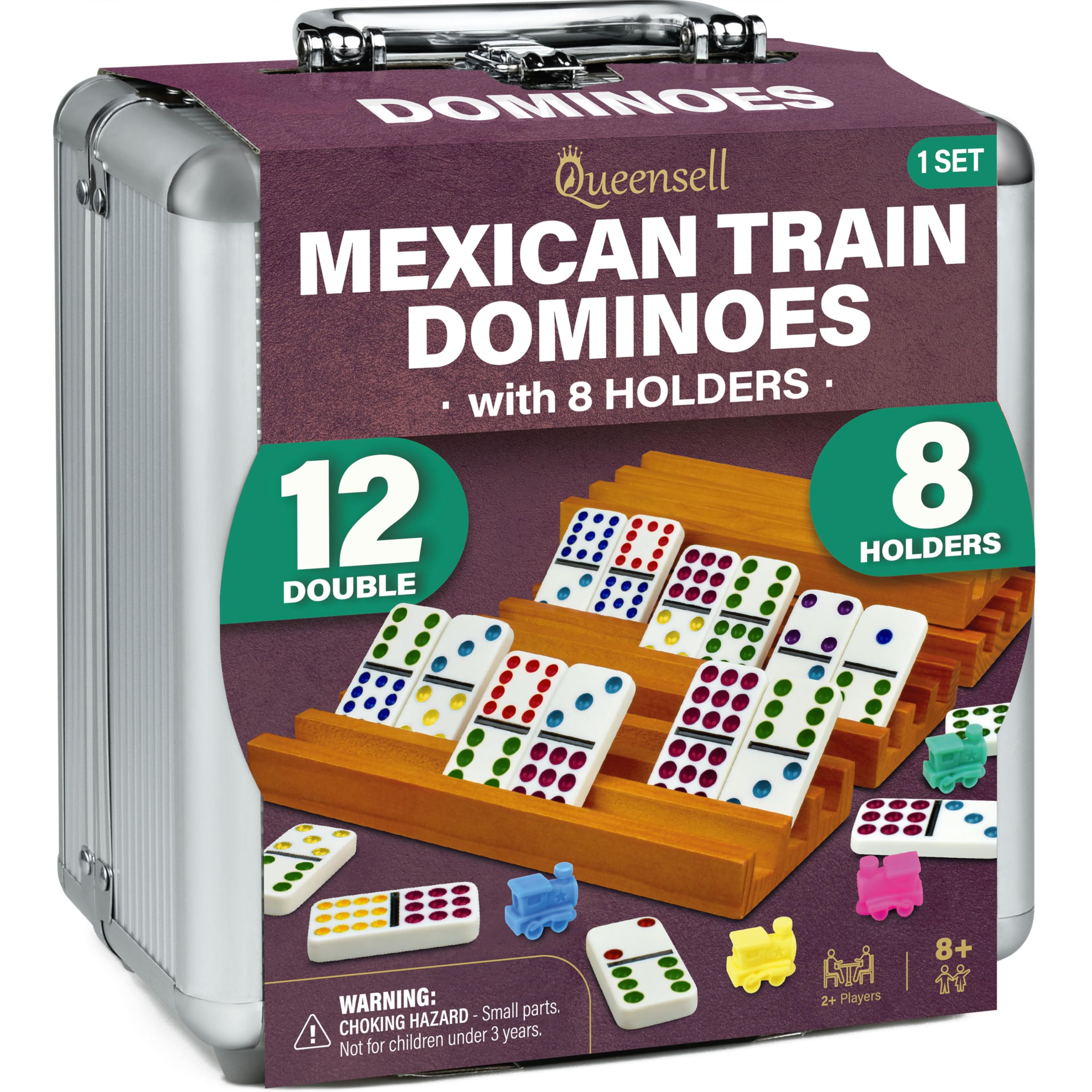 Queensell Mexican Train Dominoes Set with 8 Holders - Wooden Hub and Tiles Holders - Double 12 Tiles with Dots (D12 + 8 Holders)