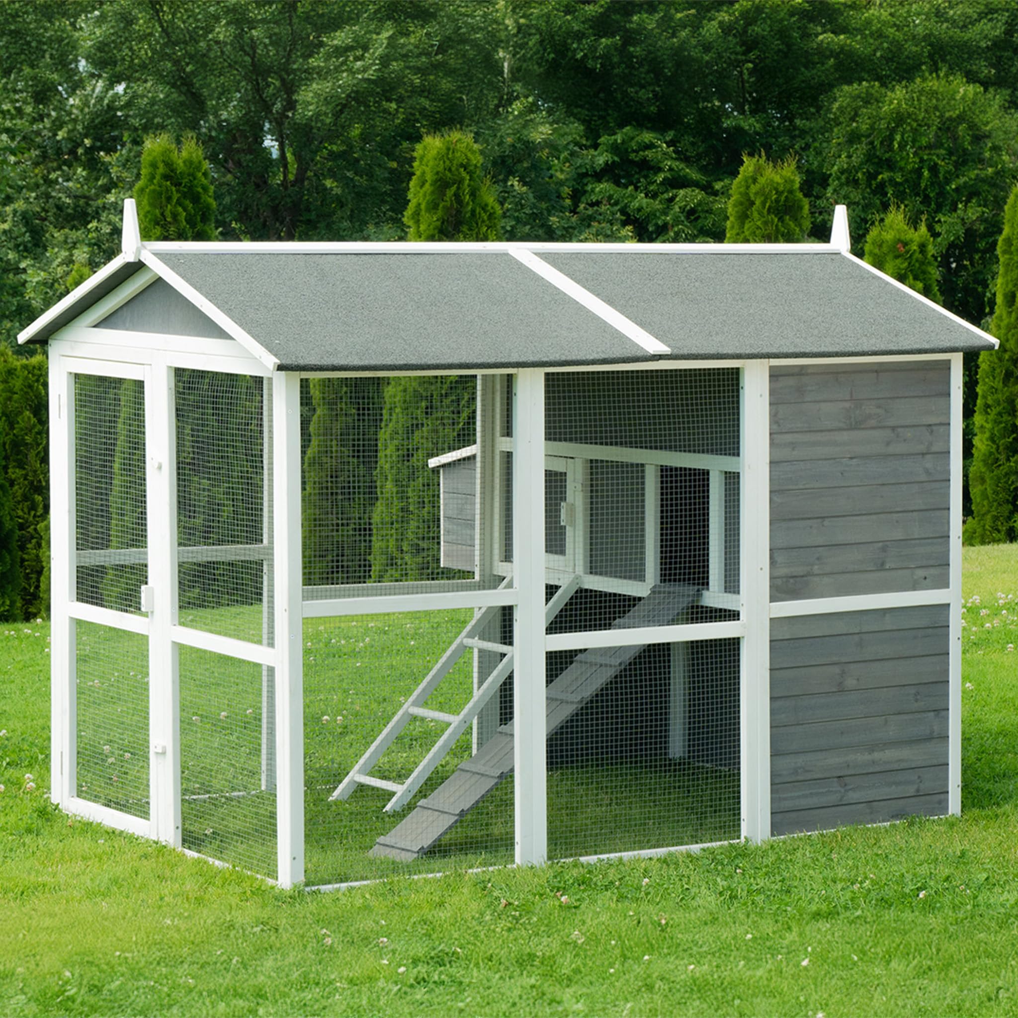 Miweba MyAnimal Hühnerstall MH-15 XXL | 186x146x147 cm - Für 7 Hühner - Nistkasten mit Freilaufgehege - Sitzstange - Winterfest - 2 Ebenen - Hühnerhaus mit Eiablage - Kiefernholz - Voliere (Grau/Weiß)