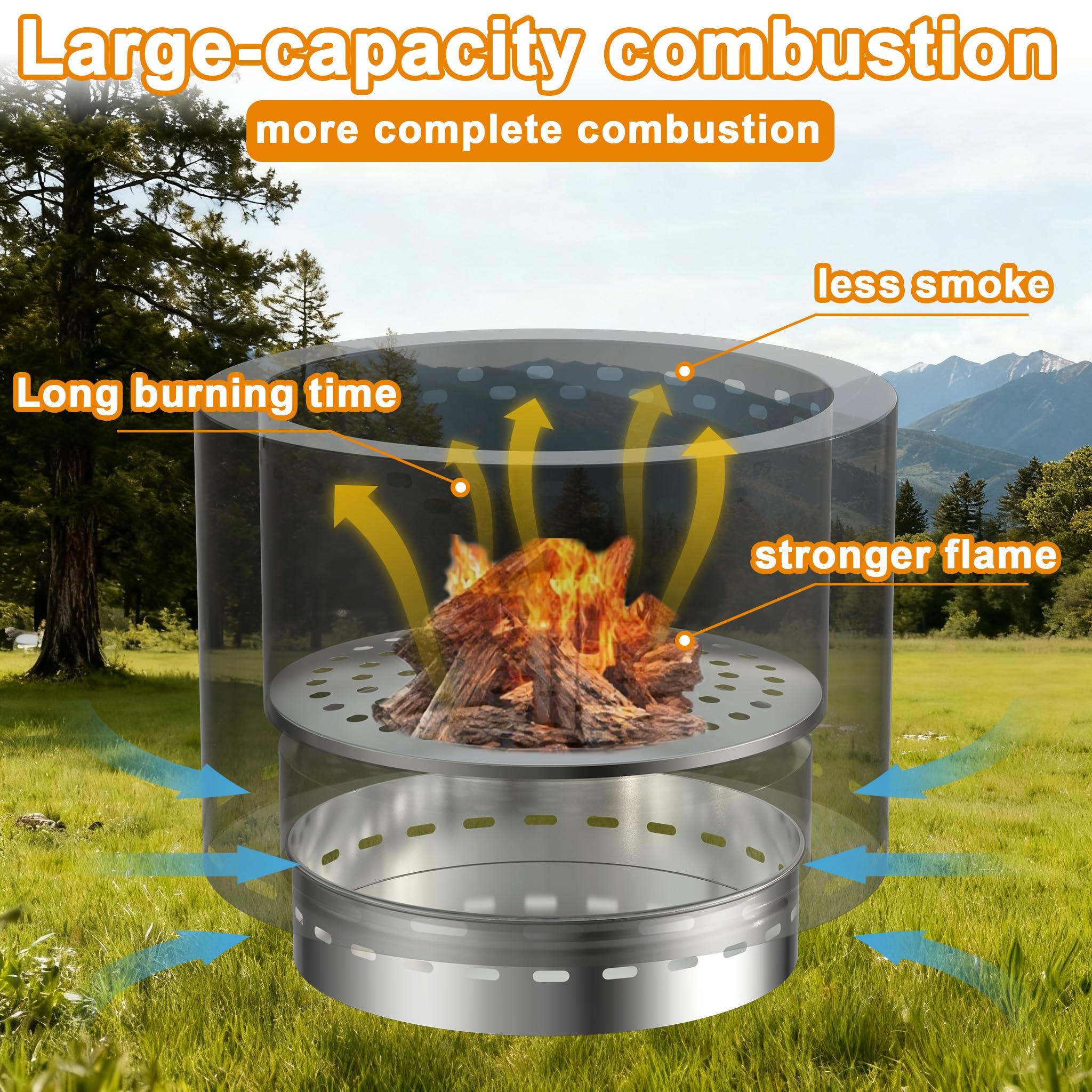LZQ Feuerschale Edelstahl 49cm Raucharm Garten Feuerstelle Outdoor Kamin Holzofen Feuerkorb Gartenkamin Holzvergaser Ofen mit Tasche, Rund Feuertonne Campingkocher Tragbar Für Terrasse Camping BBQ